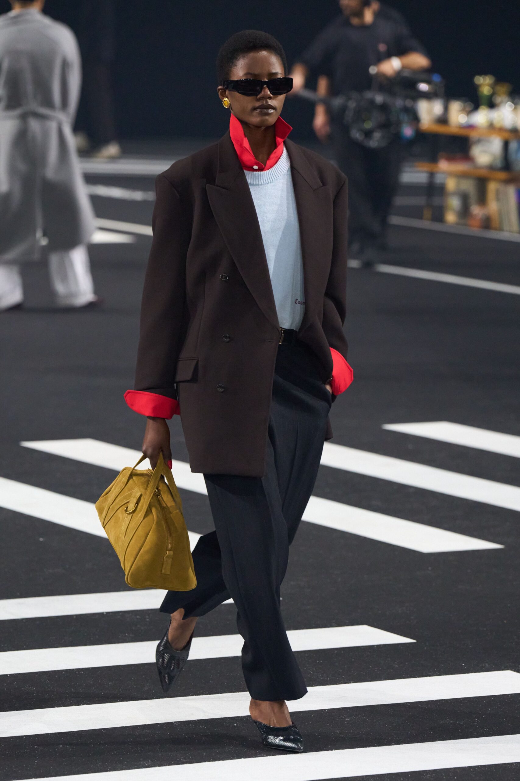 brown tailored blazer with red shirt
