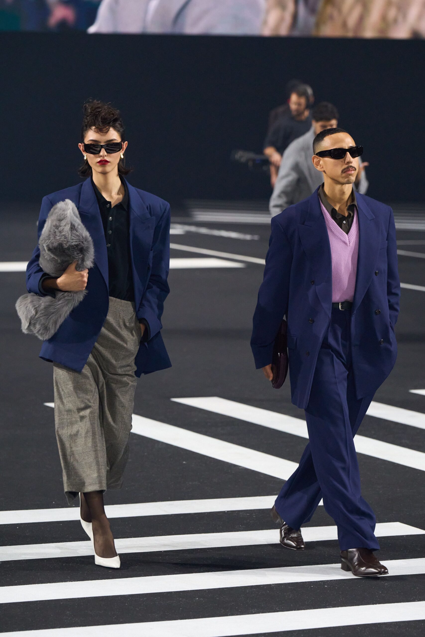 blue tailored blazers with gray pants