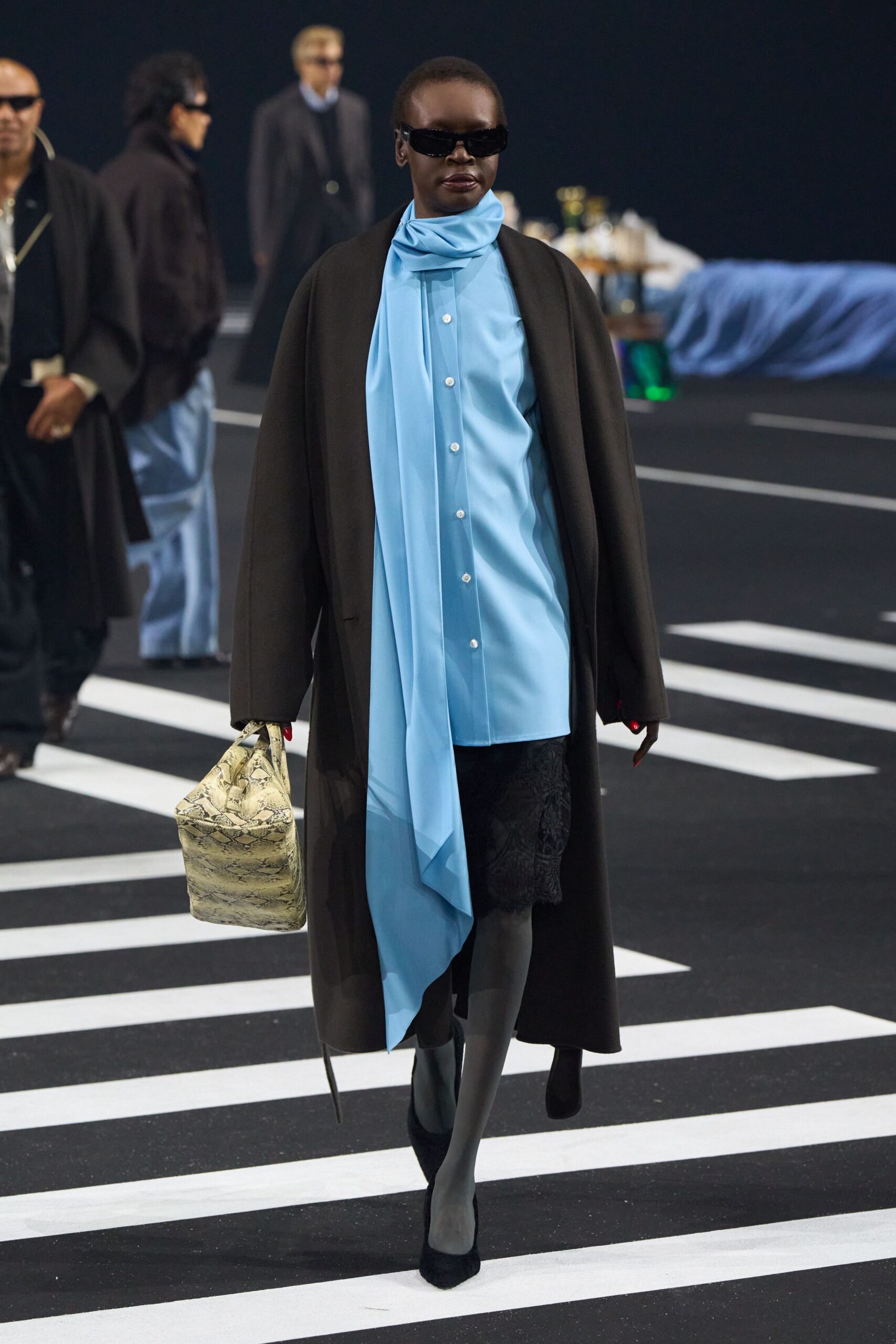 brown wool coat with blue shirt
