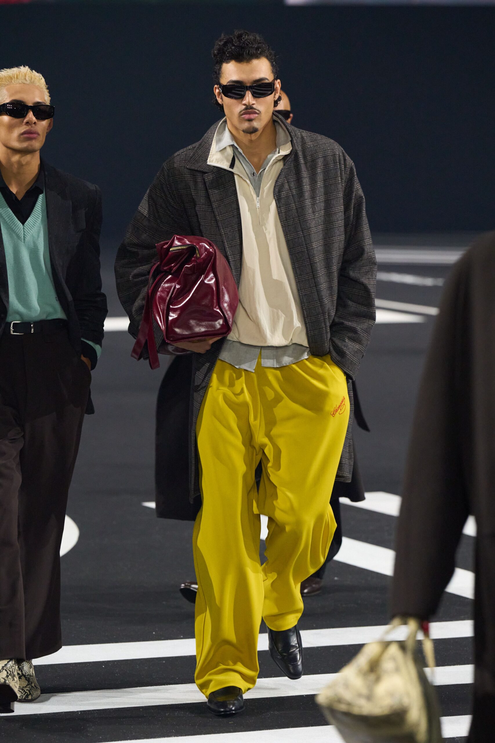 black gray wool coat with yellow pants