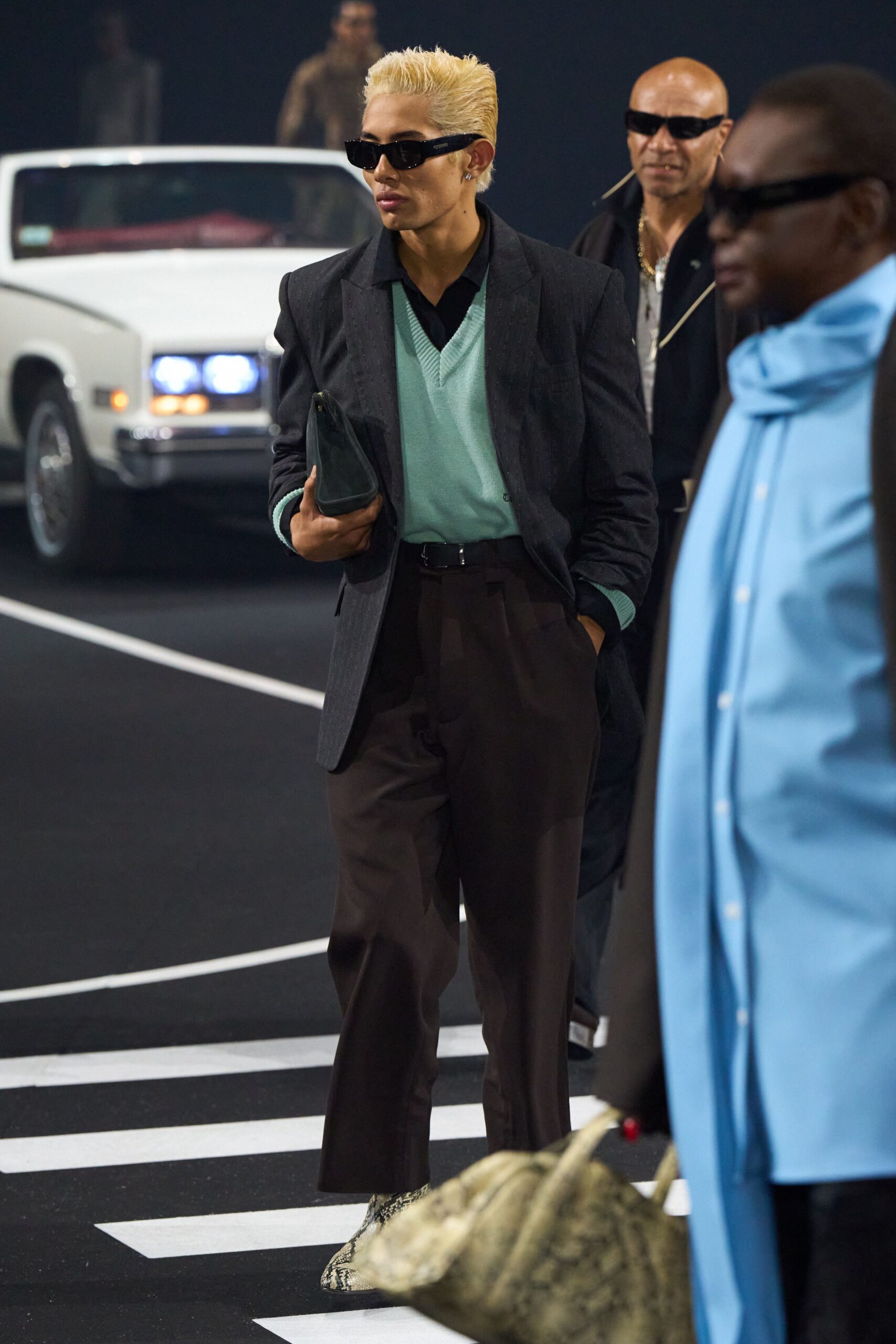 black tailored blazer with green shirt