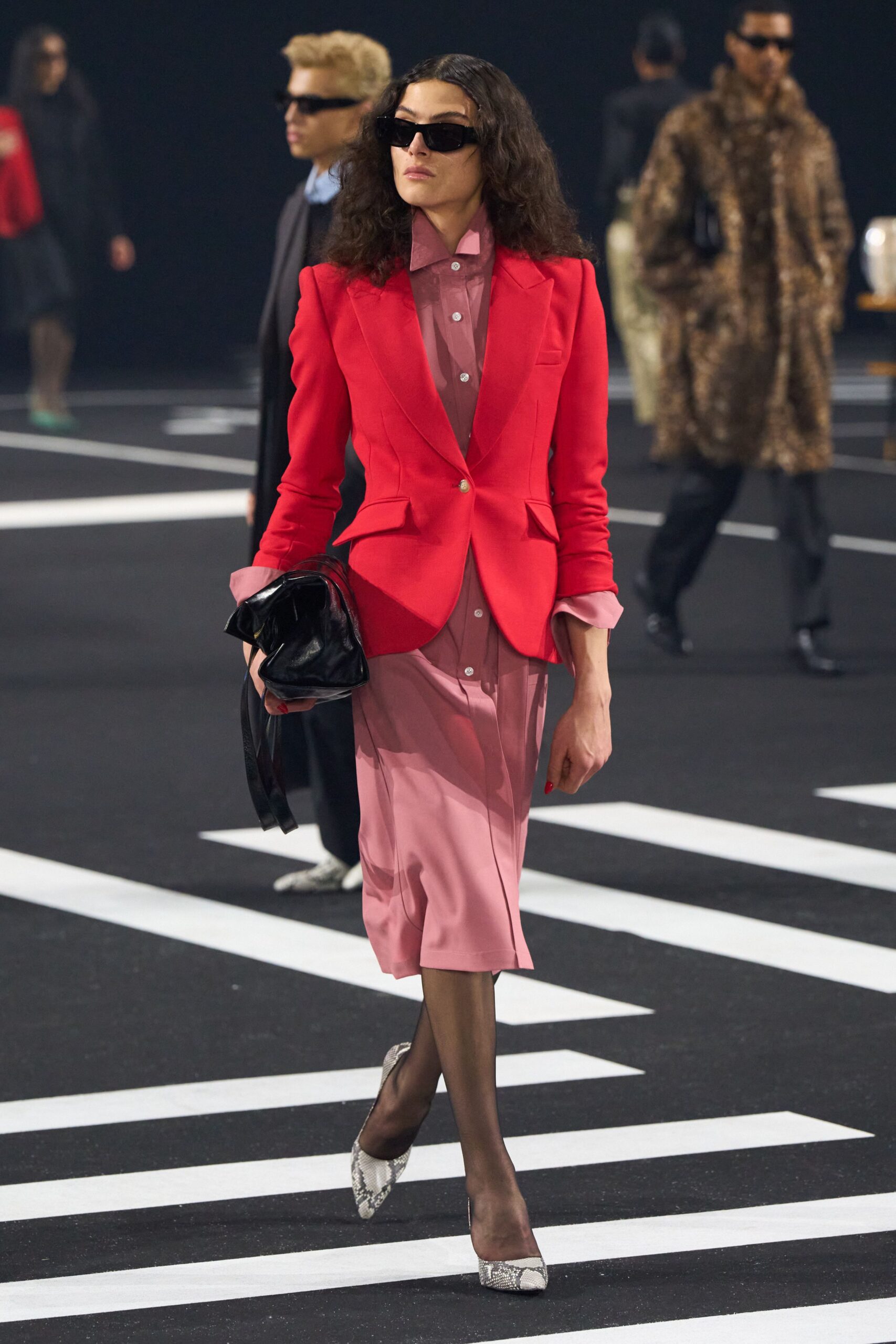 red tailored blazer pink midi dress