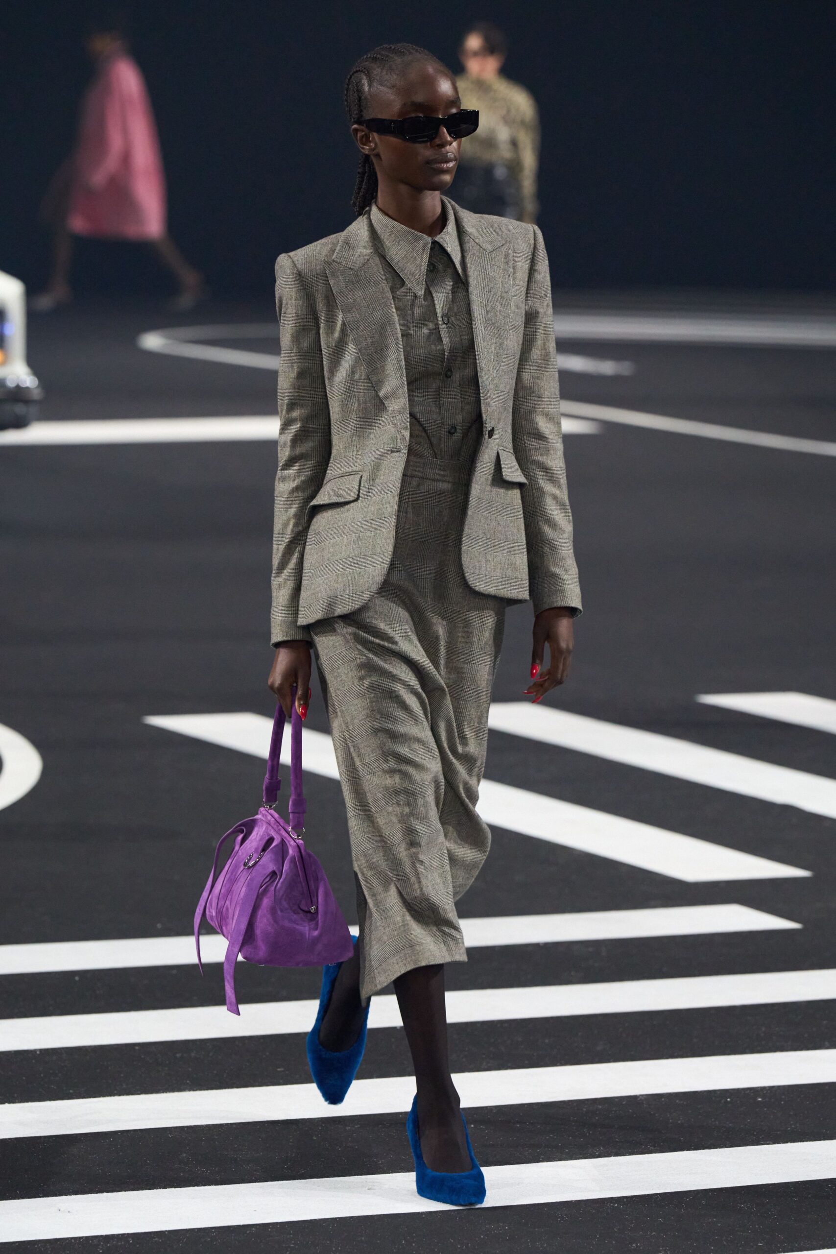 gray tailored suit with blue shoes