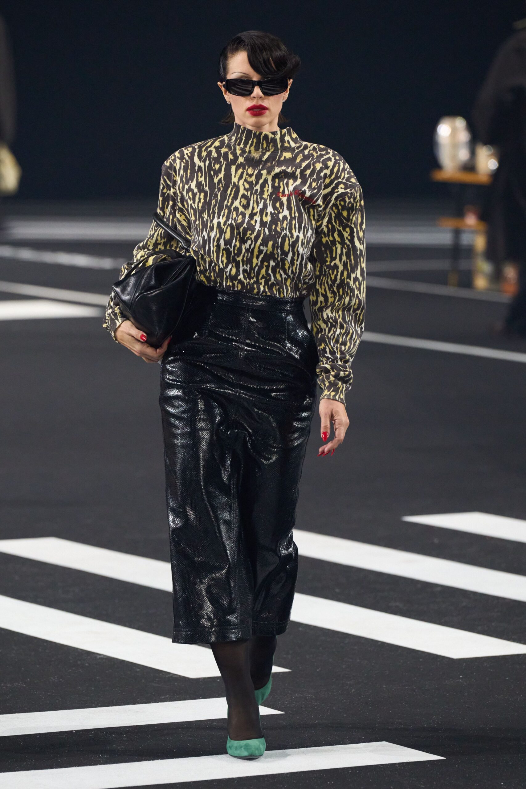 fitted animal-print shirt and pencil skirt