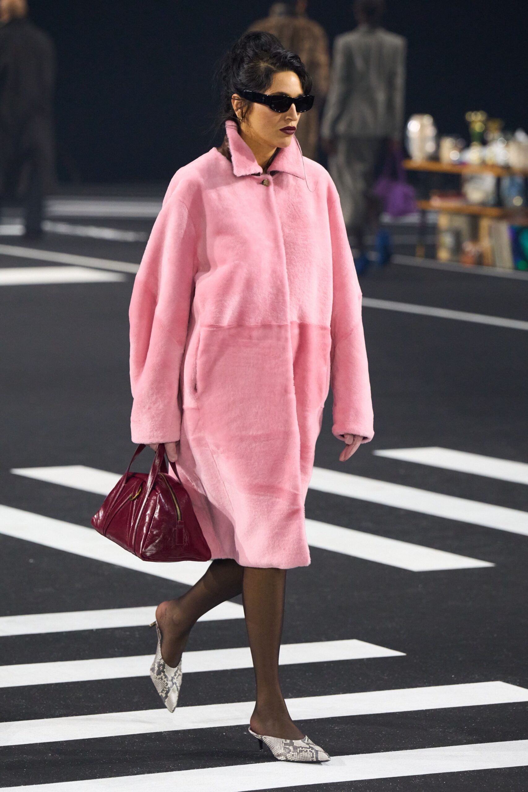 pink faux-fur oversized coat