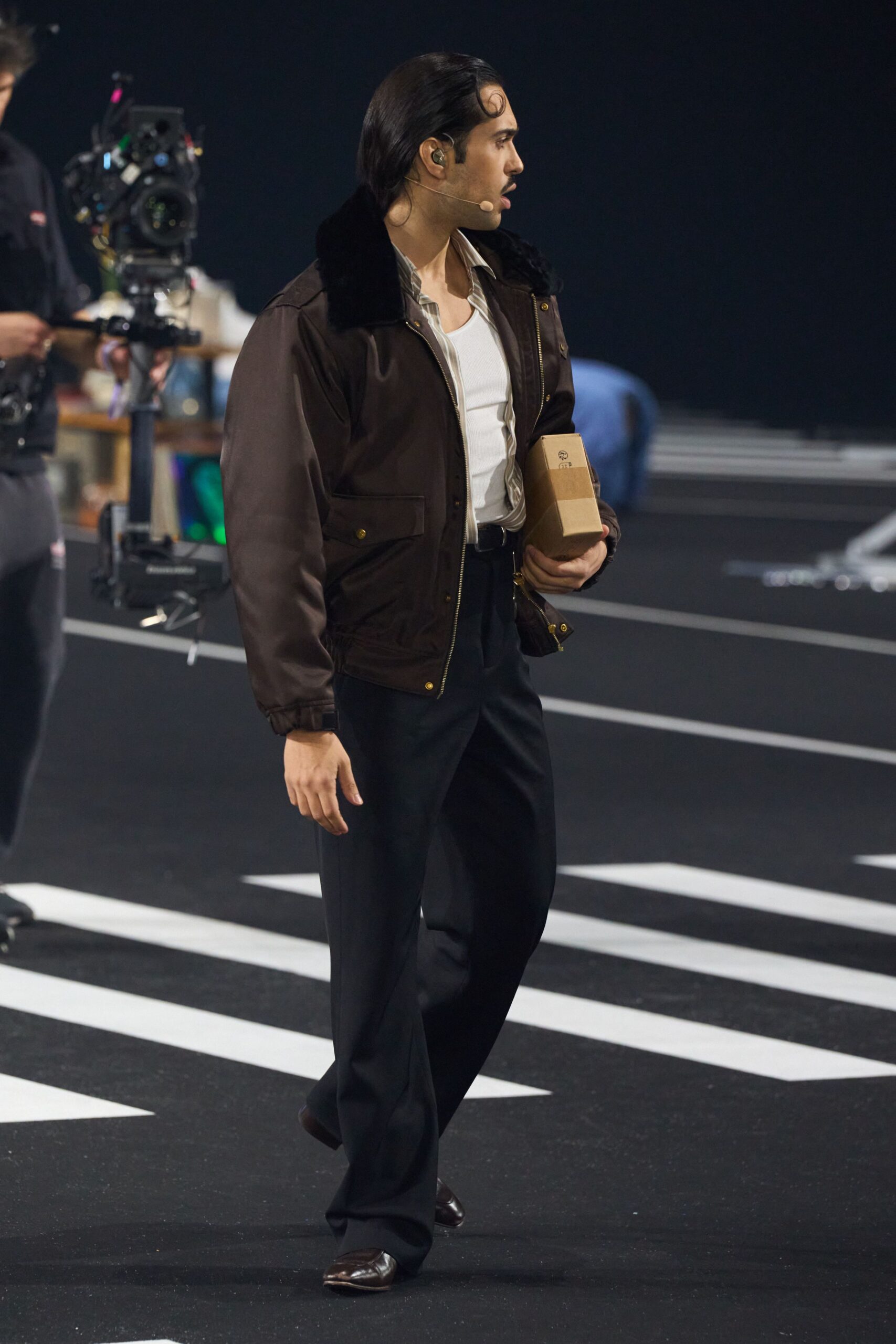 brown leather jacket with white shirt