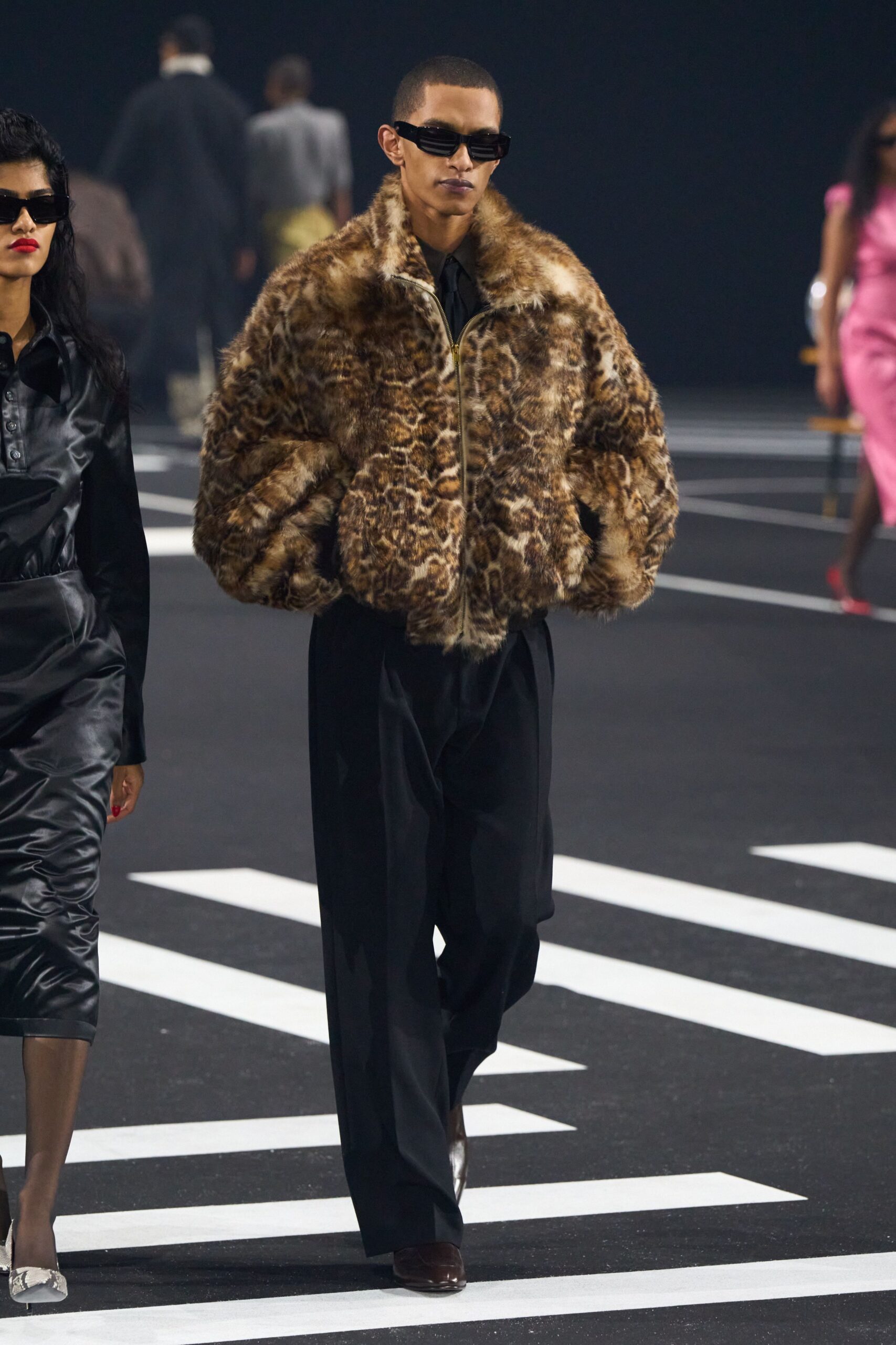 brown animal-print fur jacket