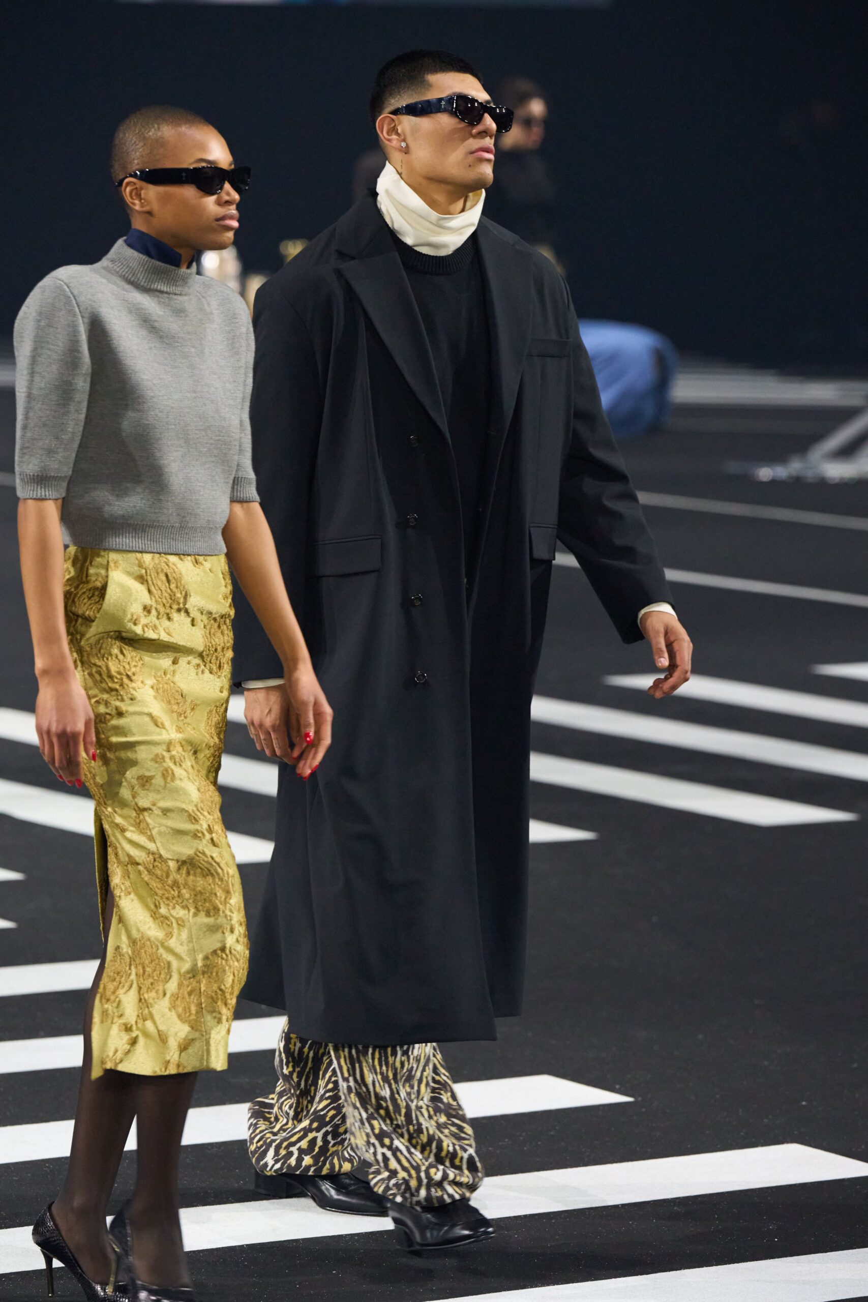 gray sweater gold pleated skirt