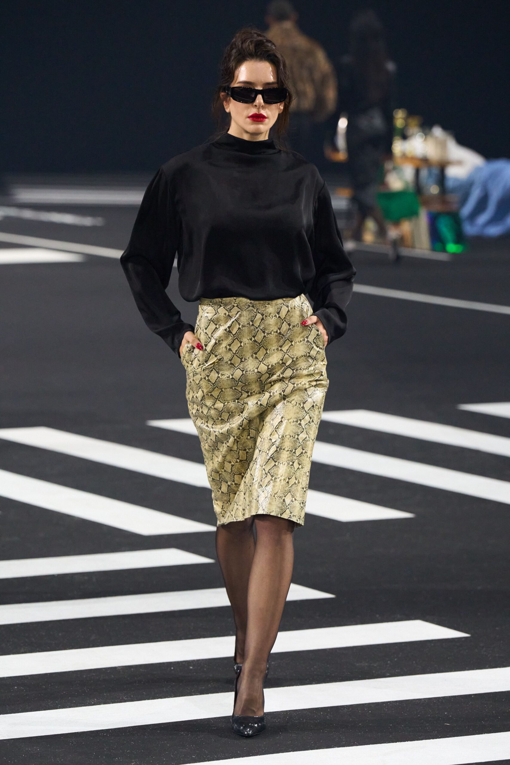 black silk top and gold pencil skirt