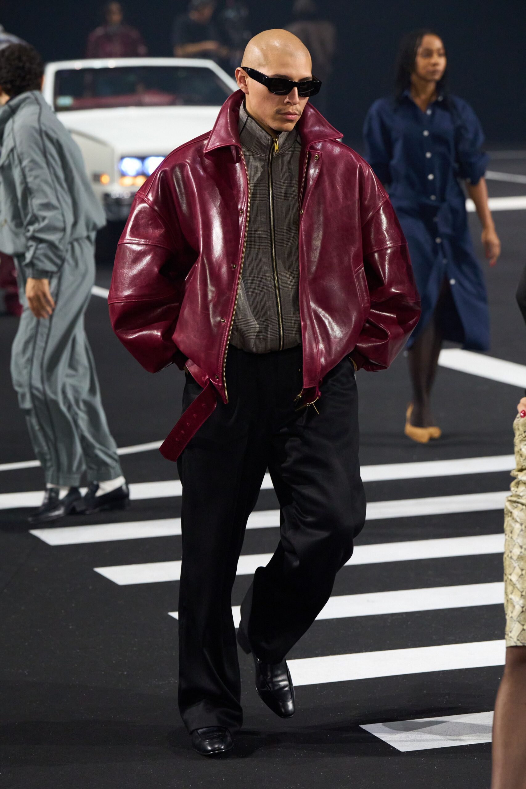 oversized red leather jacket