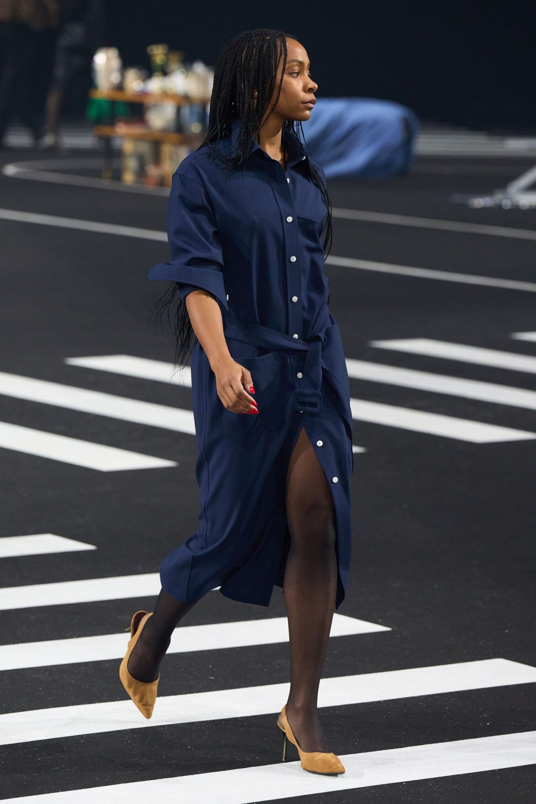 blue cotton shirt-dress with beige heels