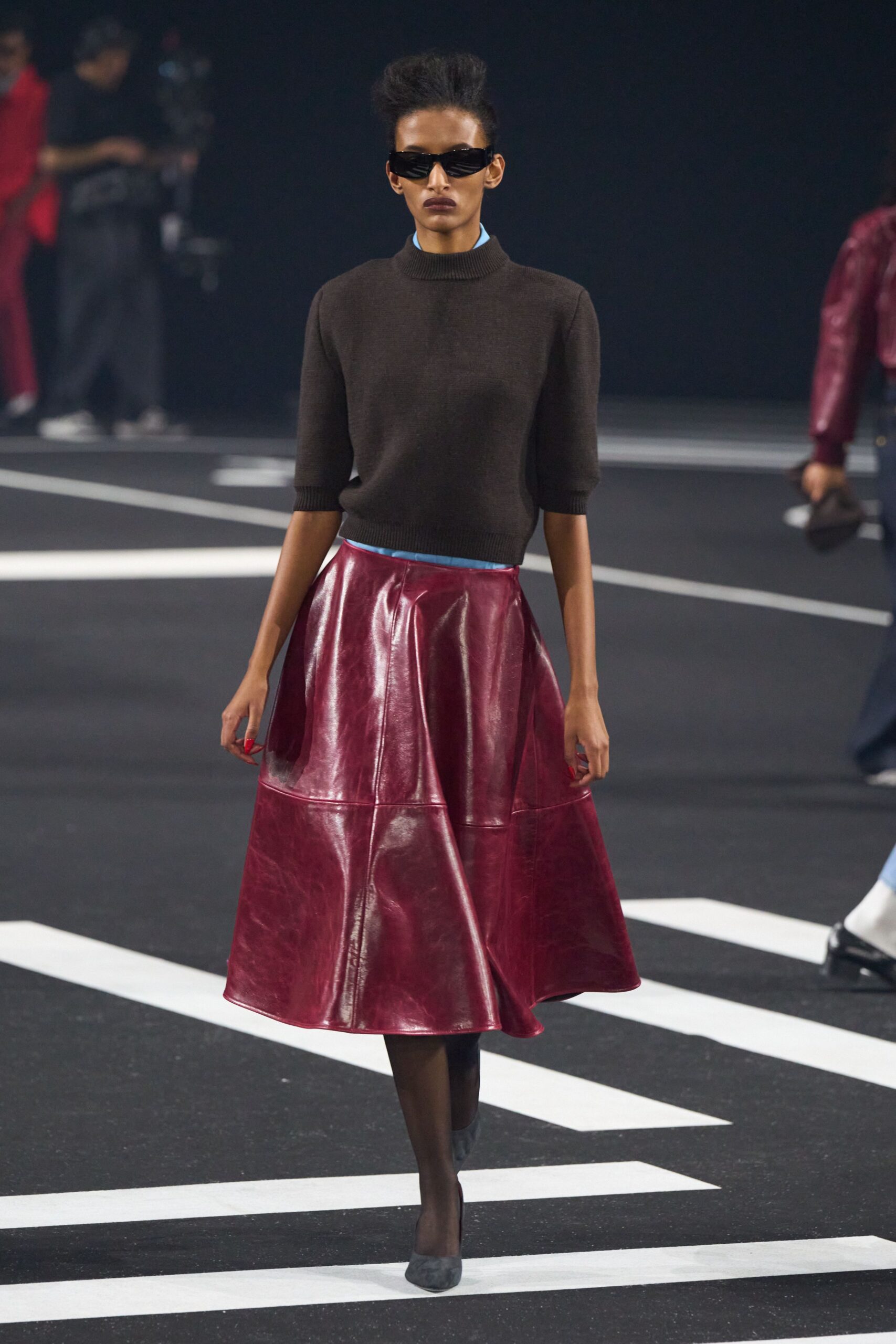 brown wool top and red leather skirt