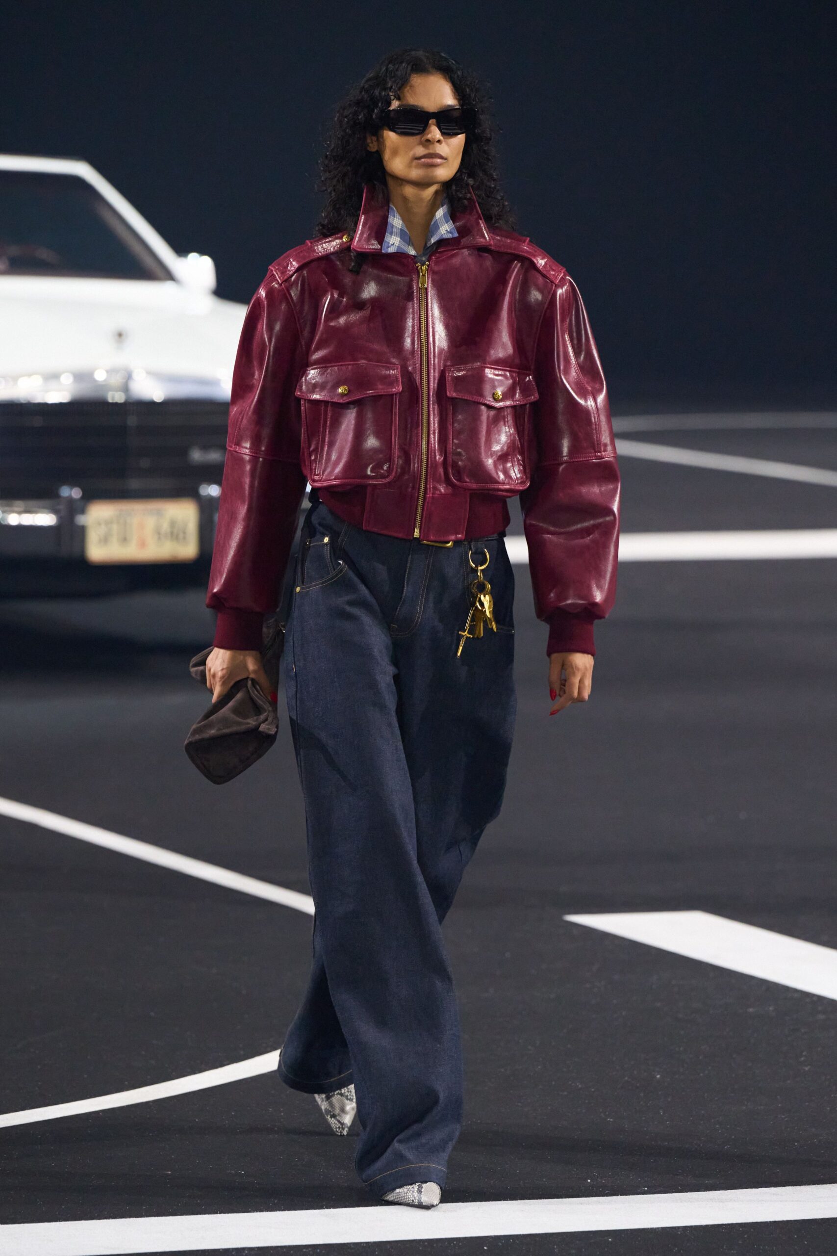 red leather jacket with denim pants