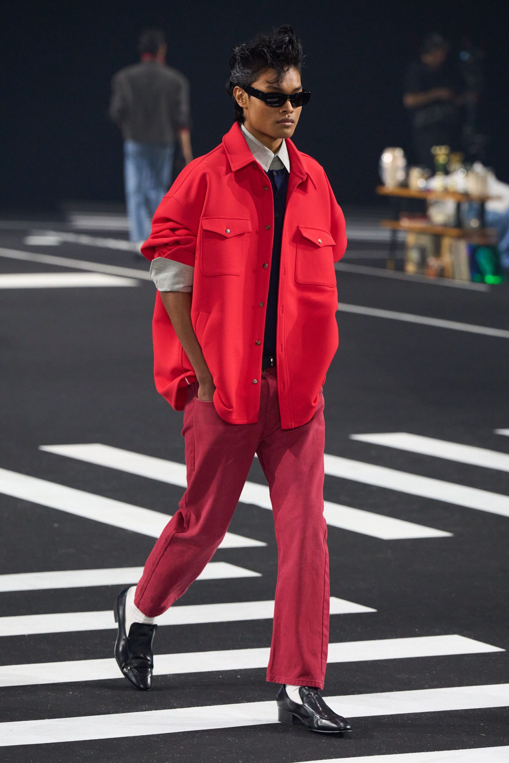 red oversized jacket with gray shirt