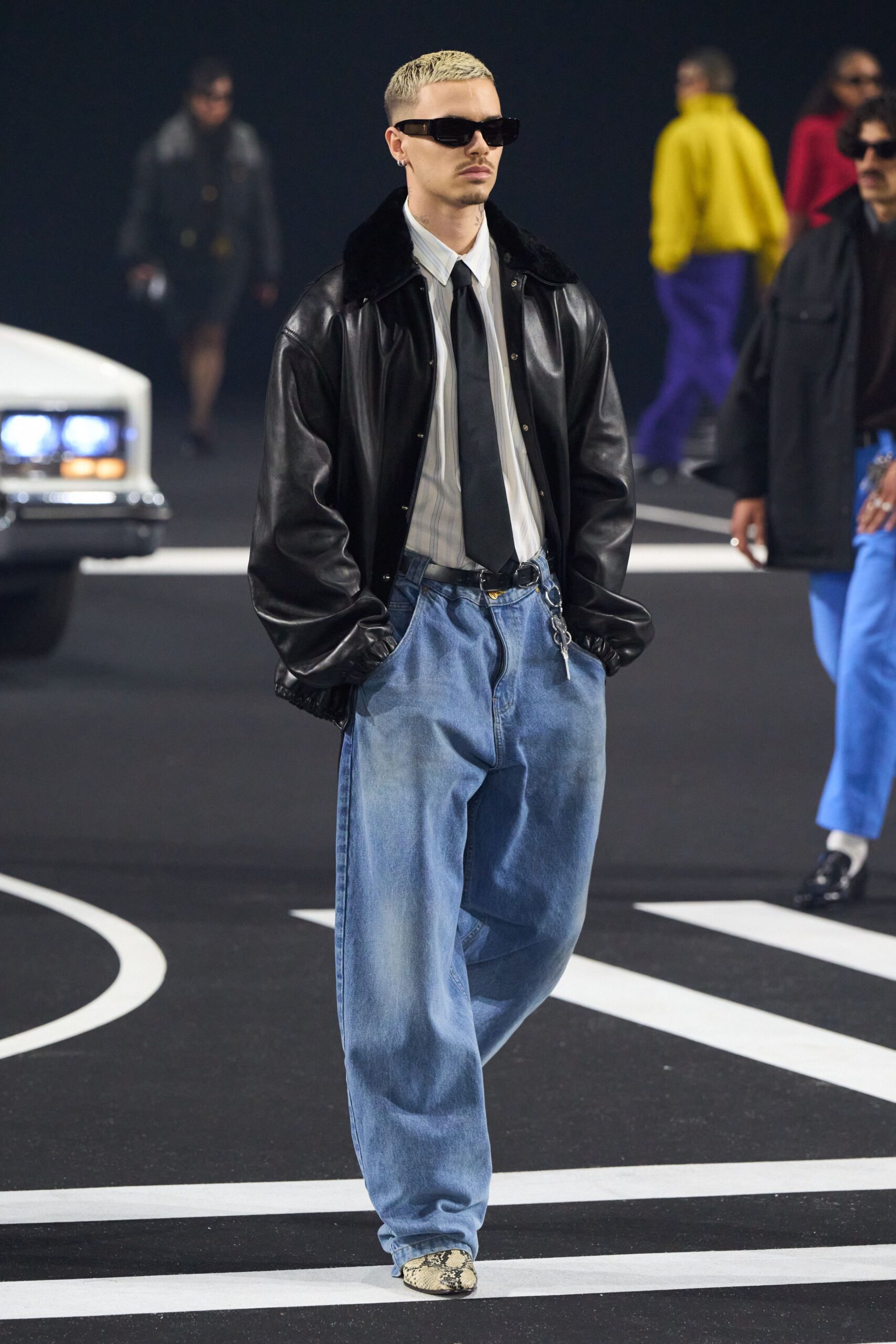 oversized black leather jacket with denim pants