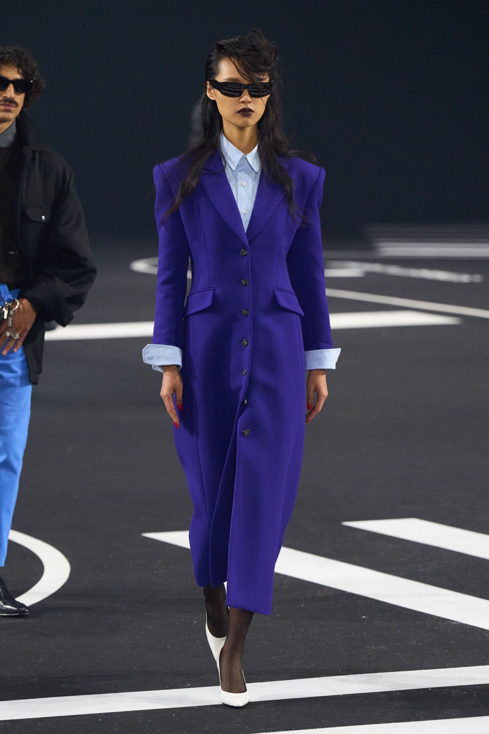 purple blazer with blue shirt