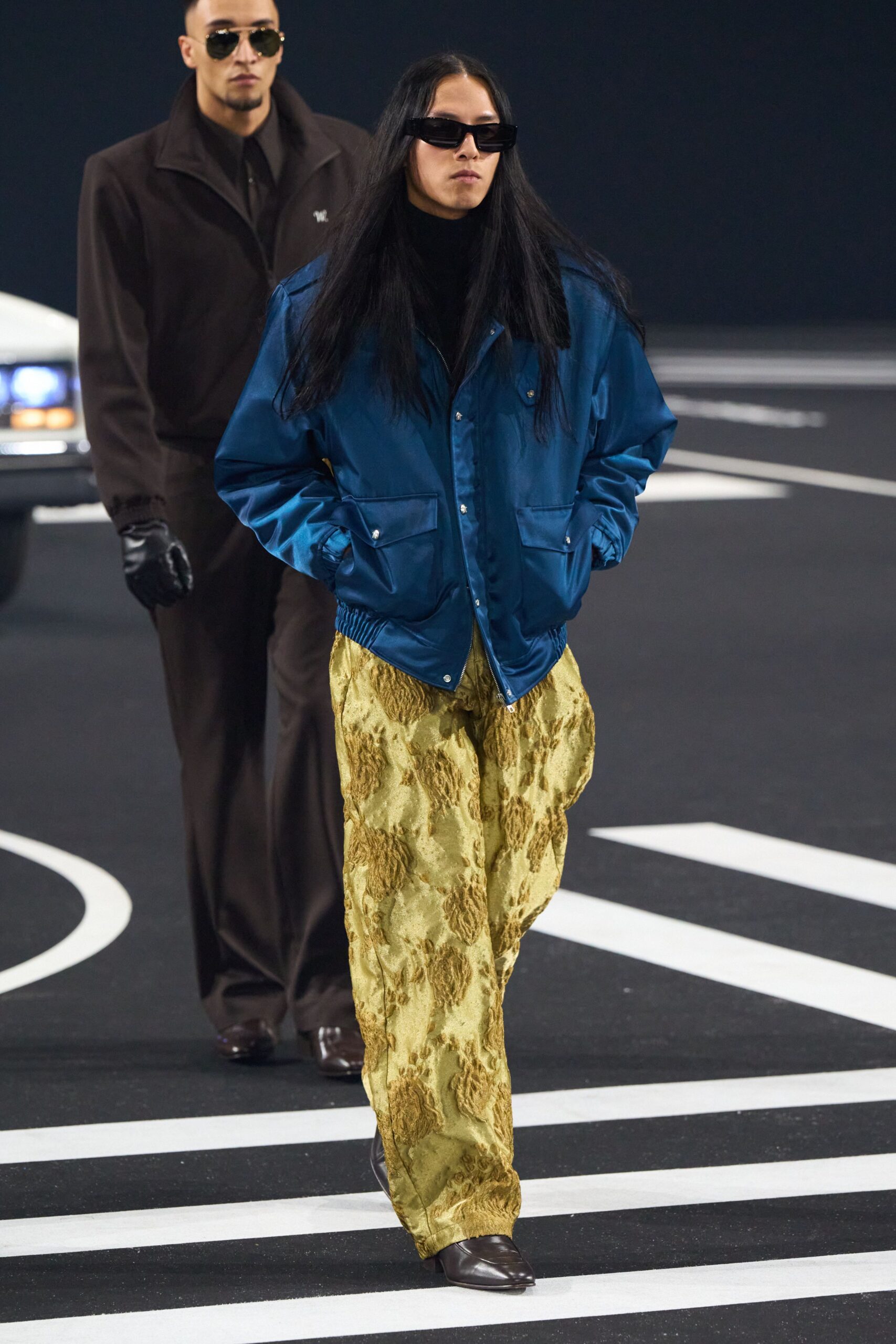 blue satin jacket with gold flared pants