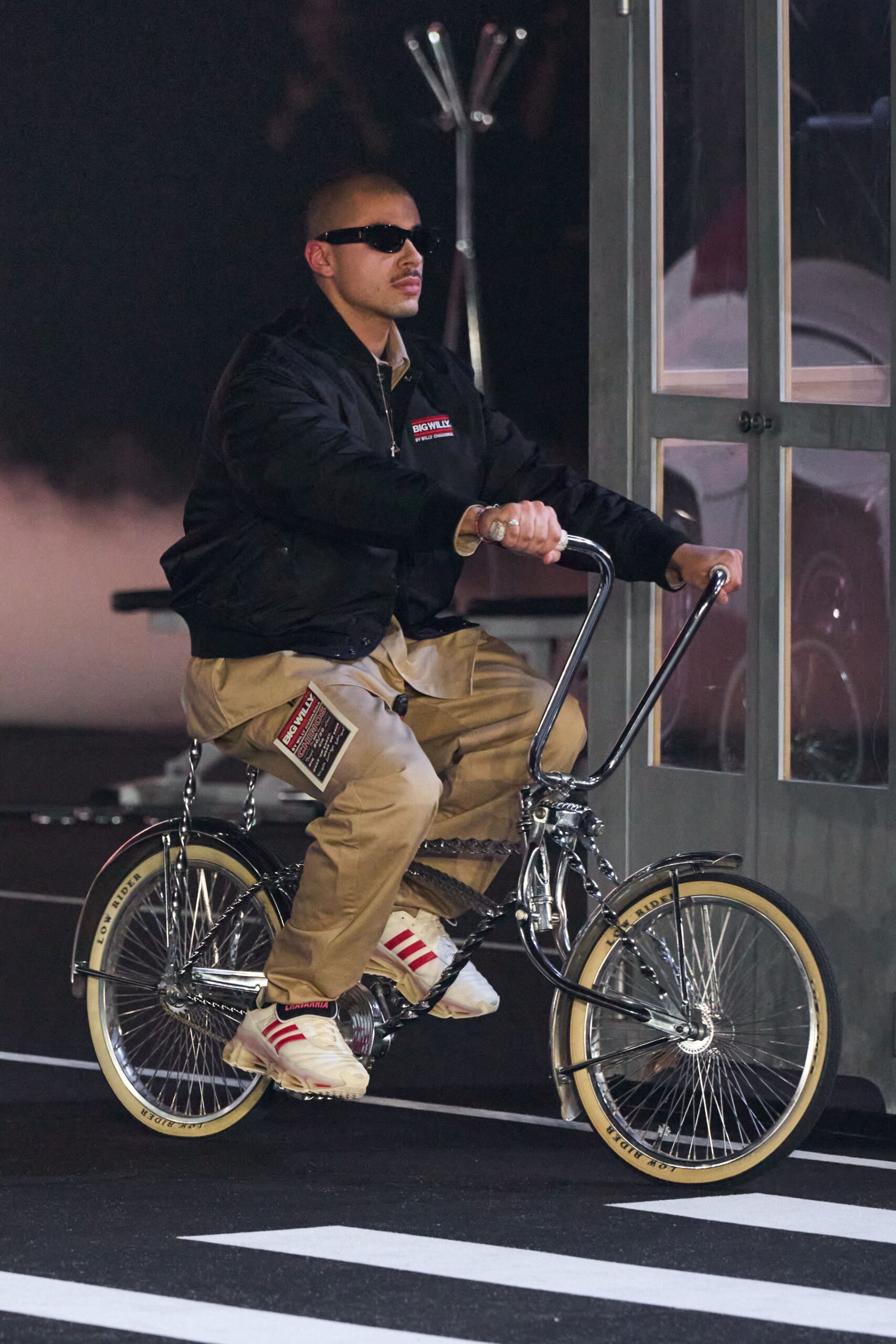 black jacket beige cargo pants