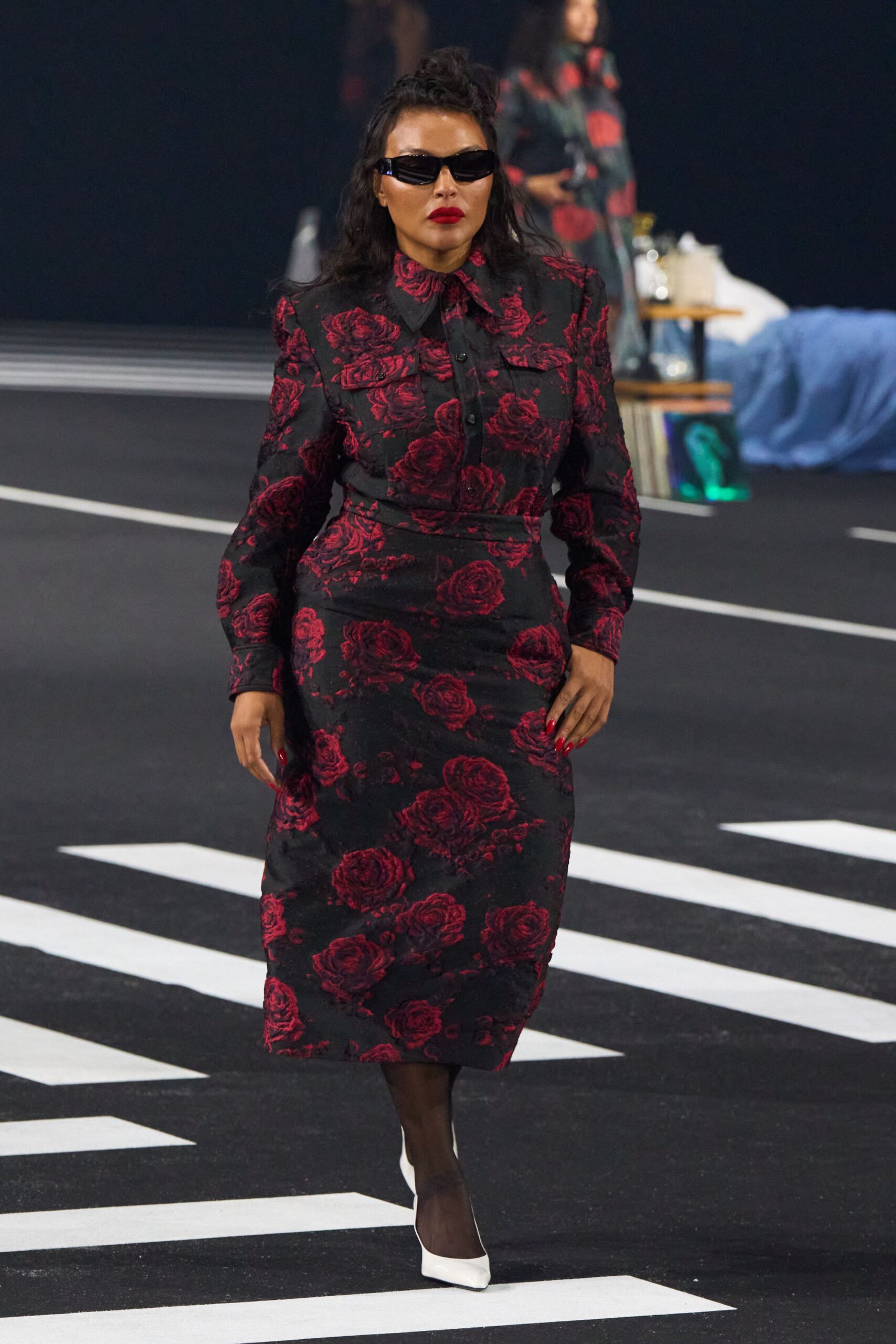 black red floral midi dress