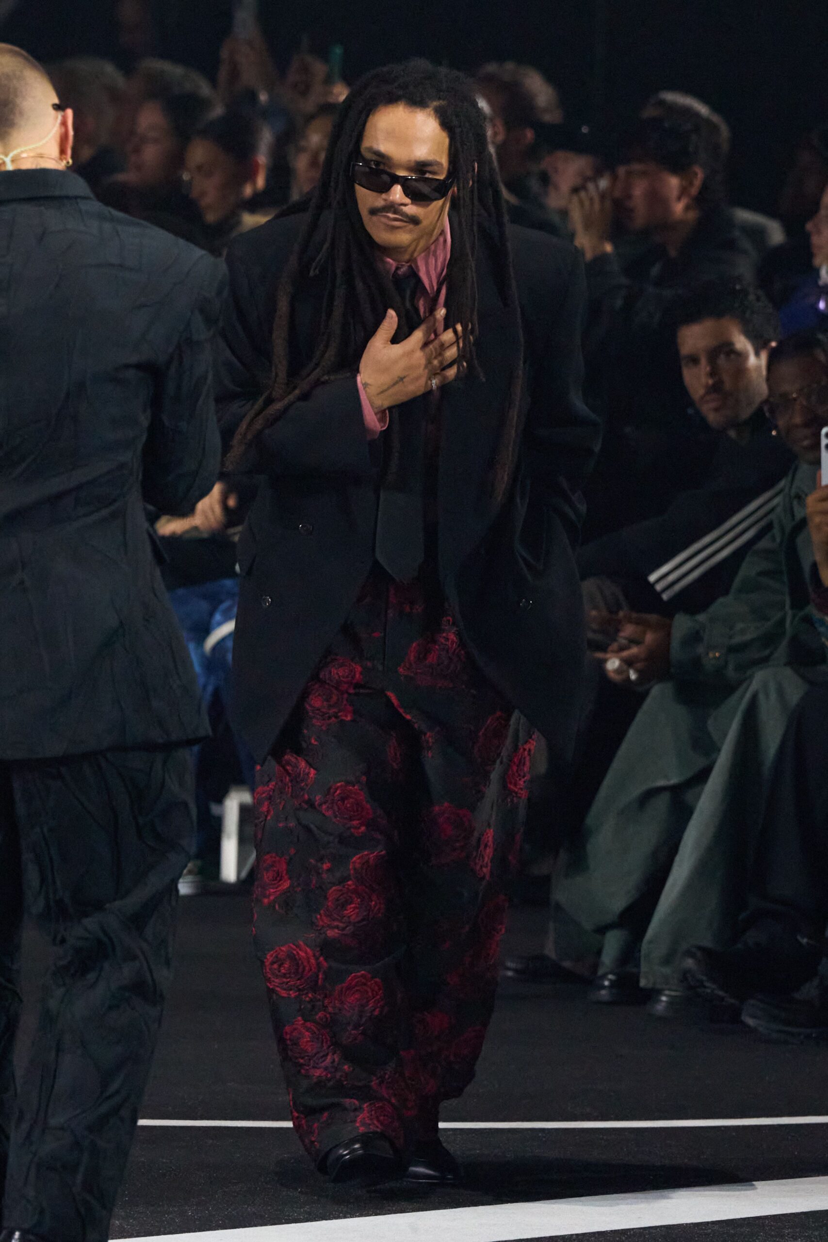 black blazer pink shirt floral pants