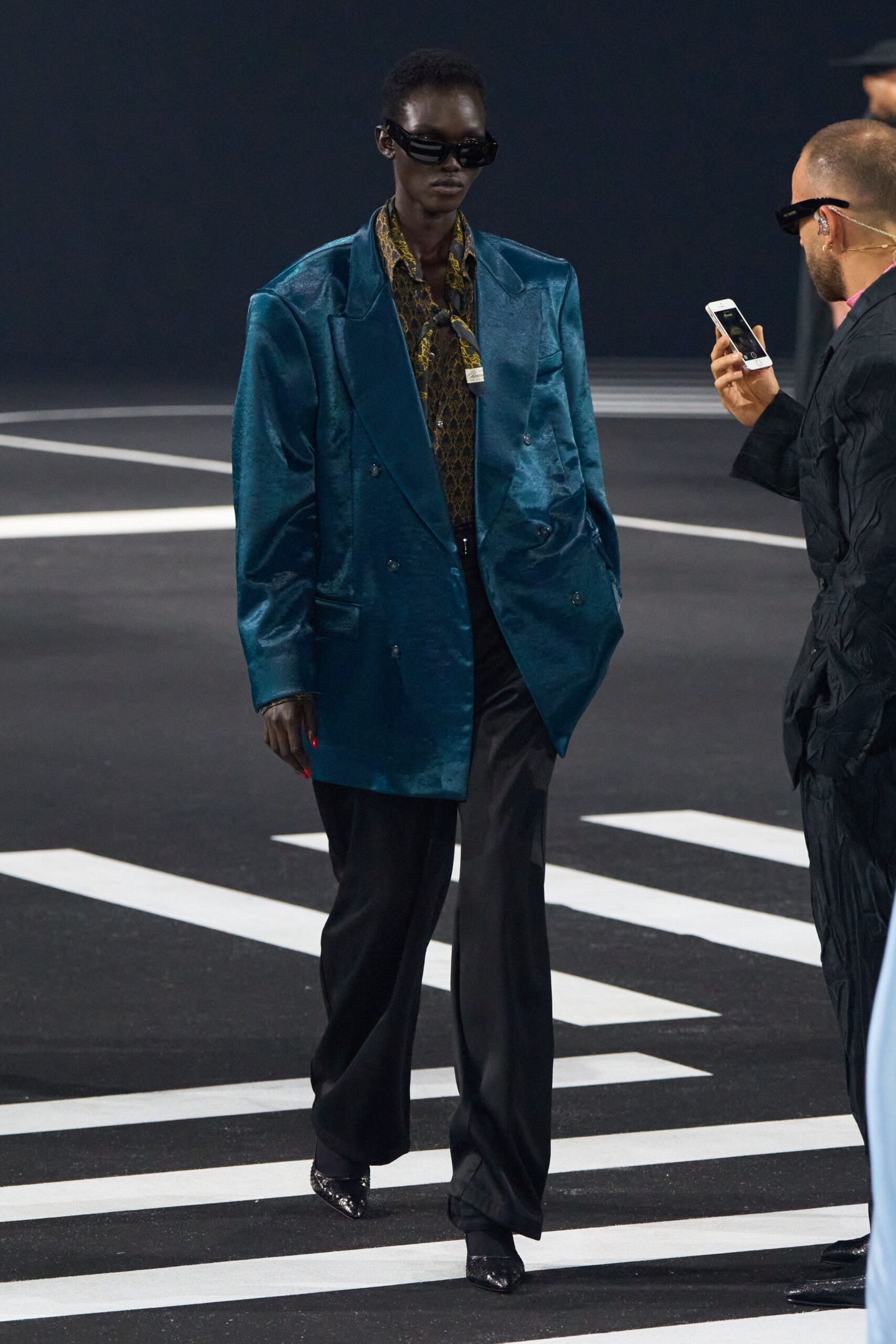teal oversized blazer with printed shirt