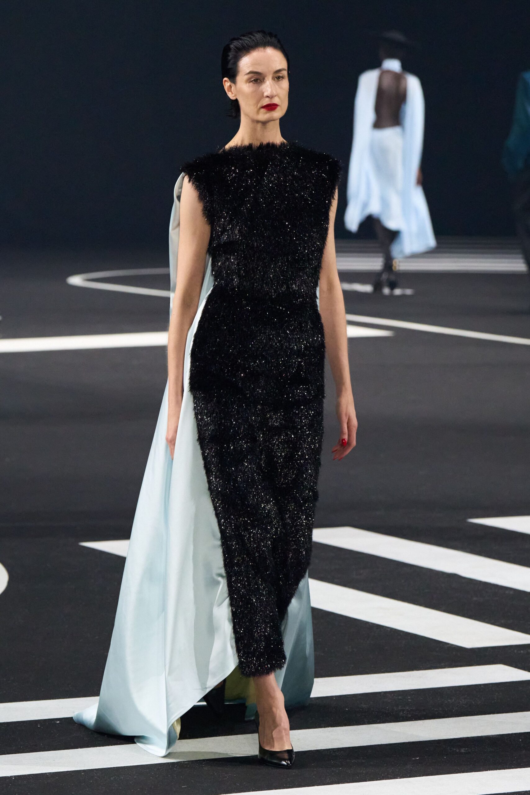 black textured gown with blue accents