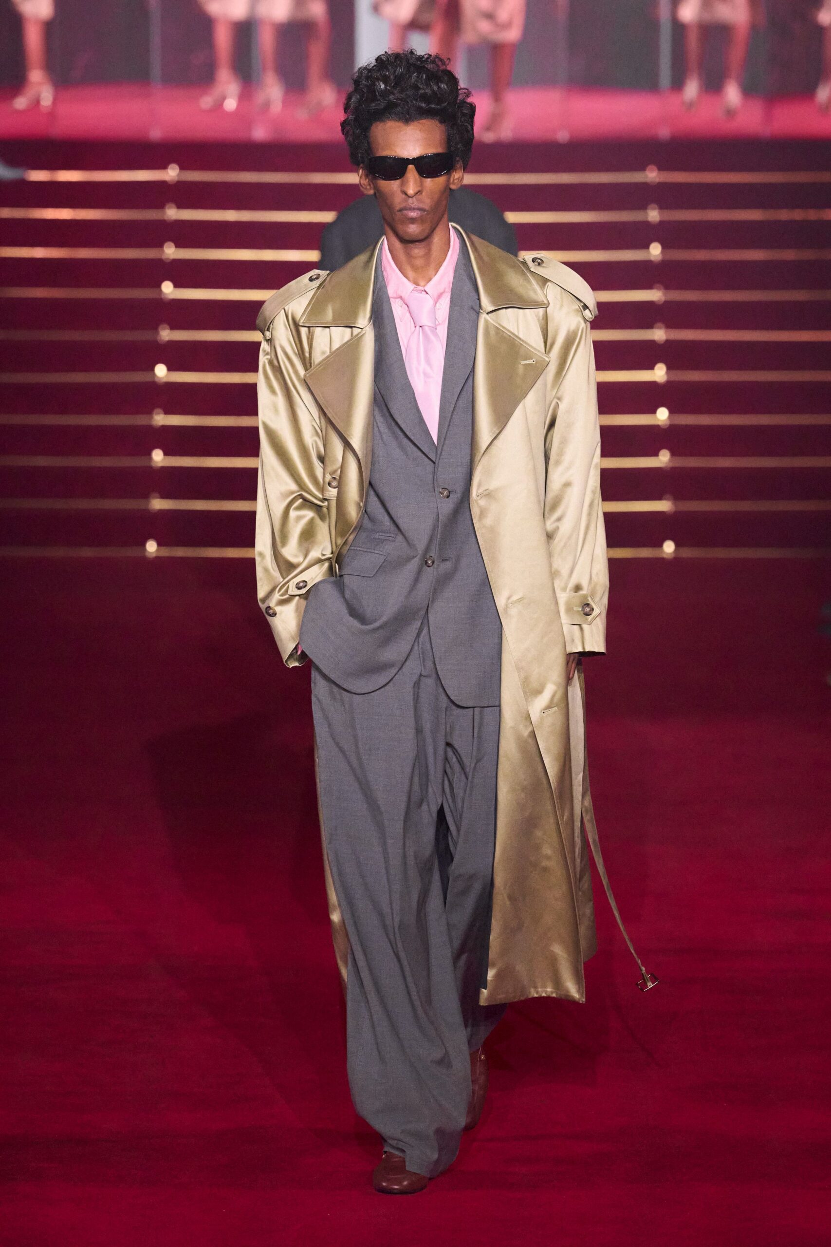 gold satin long-sleeve collared relaxed buttoned shiny trench
