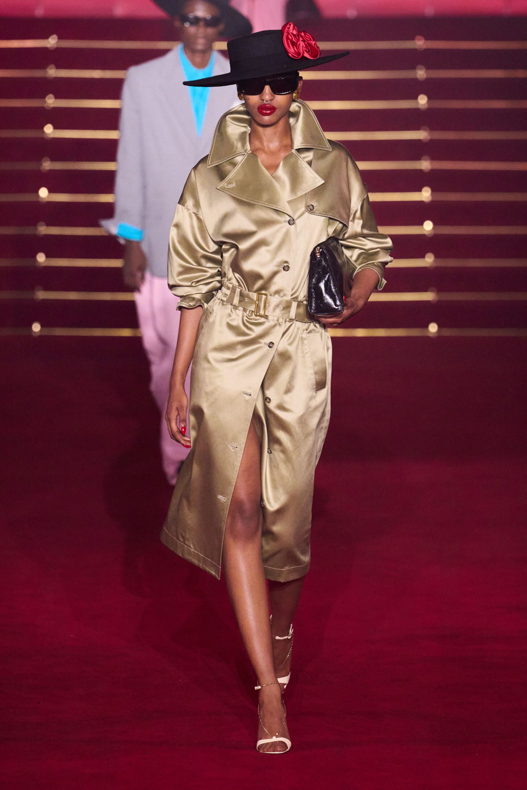 gold satin long-sleeve collared fitted belted shiny dress
