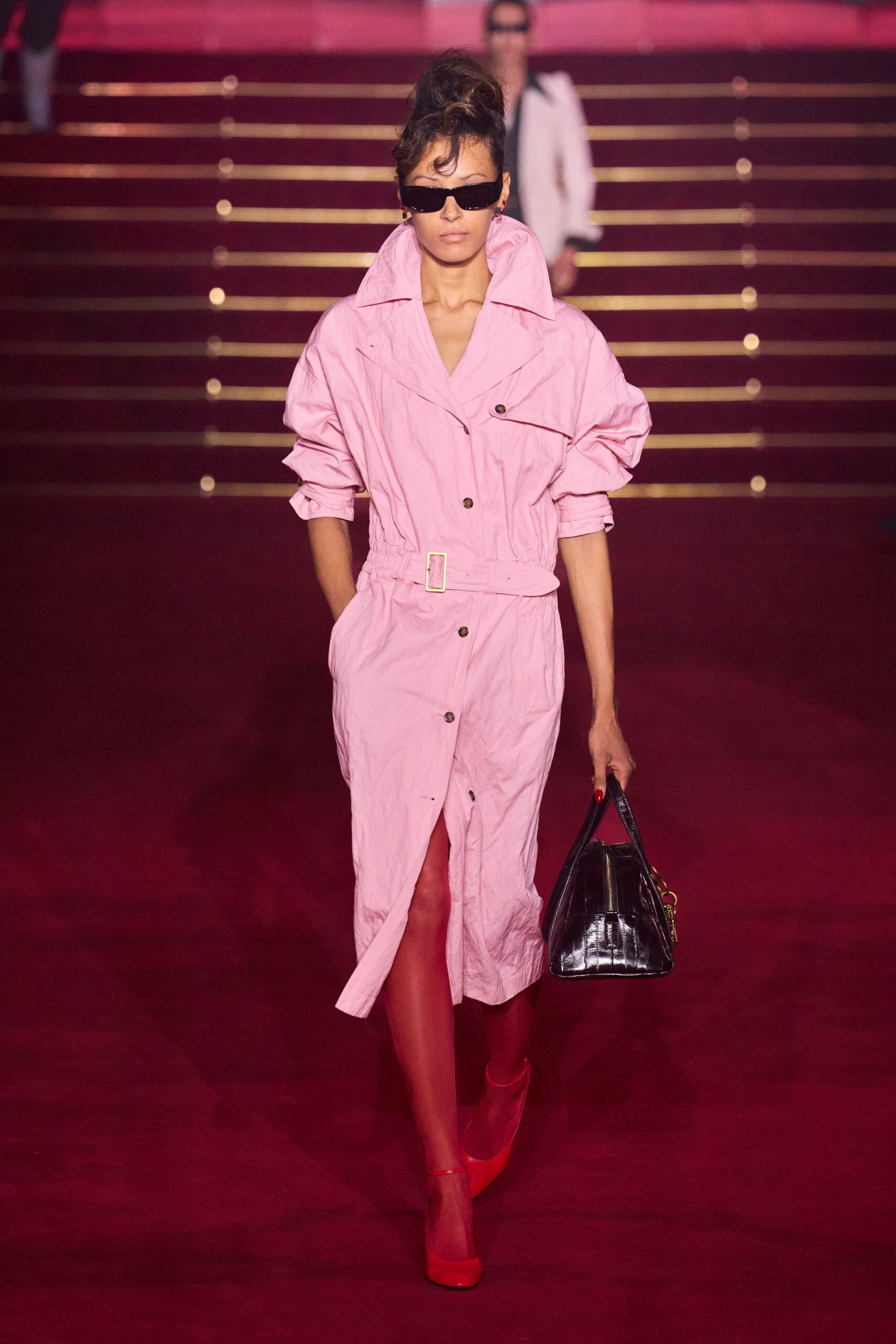 pink cotton long-sleeve collared relaxed belted buttoned dress