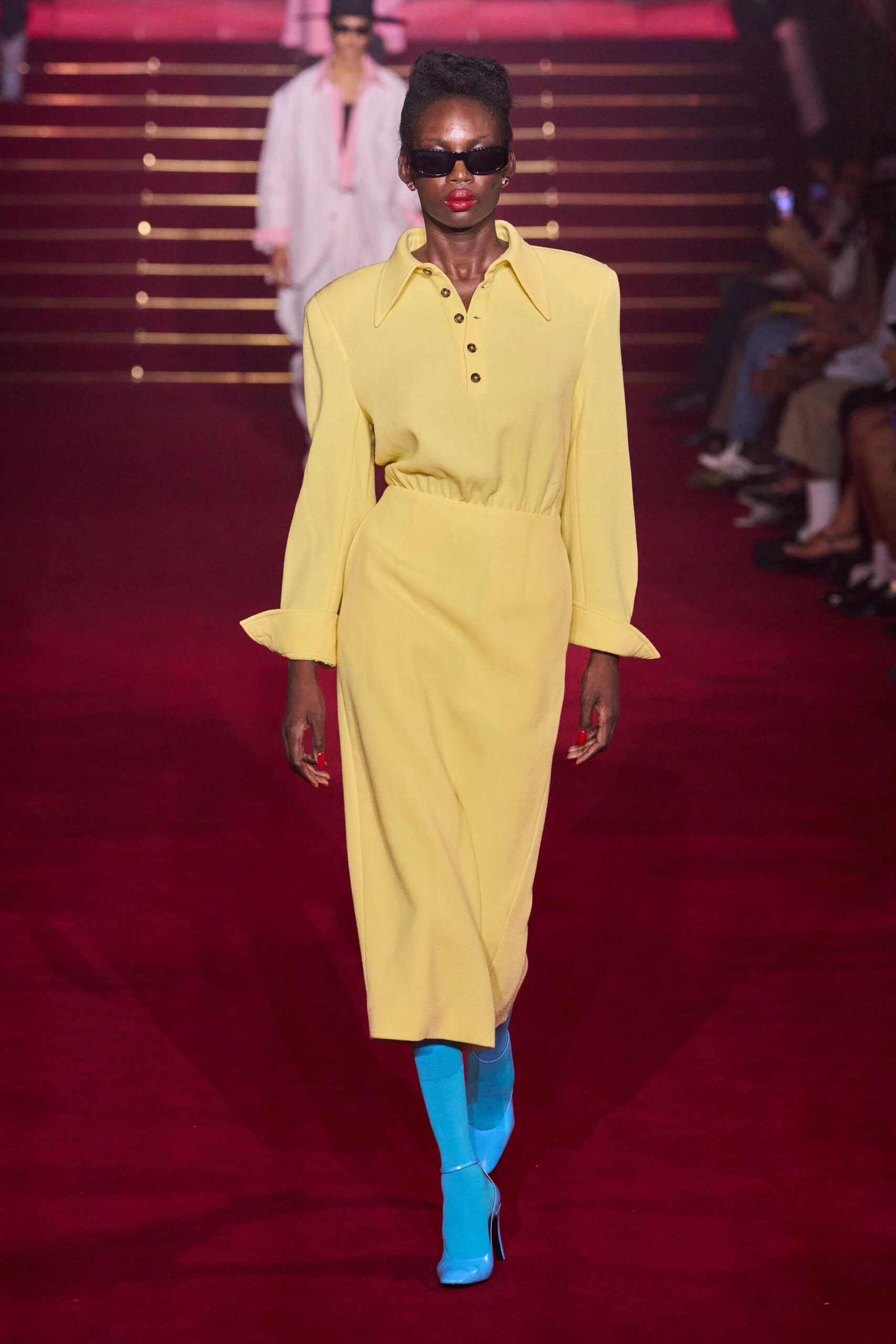 yellow cotton long-sleeve collared fitted buttoned straight-leg dress
