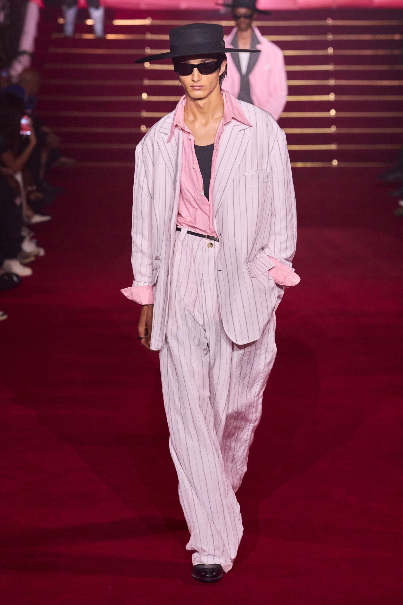 pink long-sleeve collared relaxed striped suit