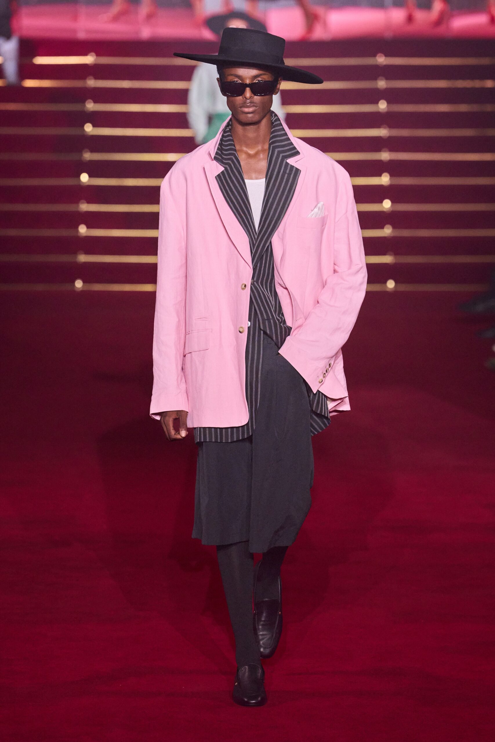 pink long-sleeve collared relaxed buttoned layered blazer