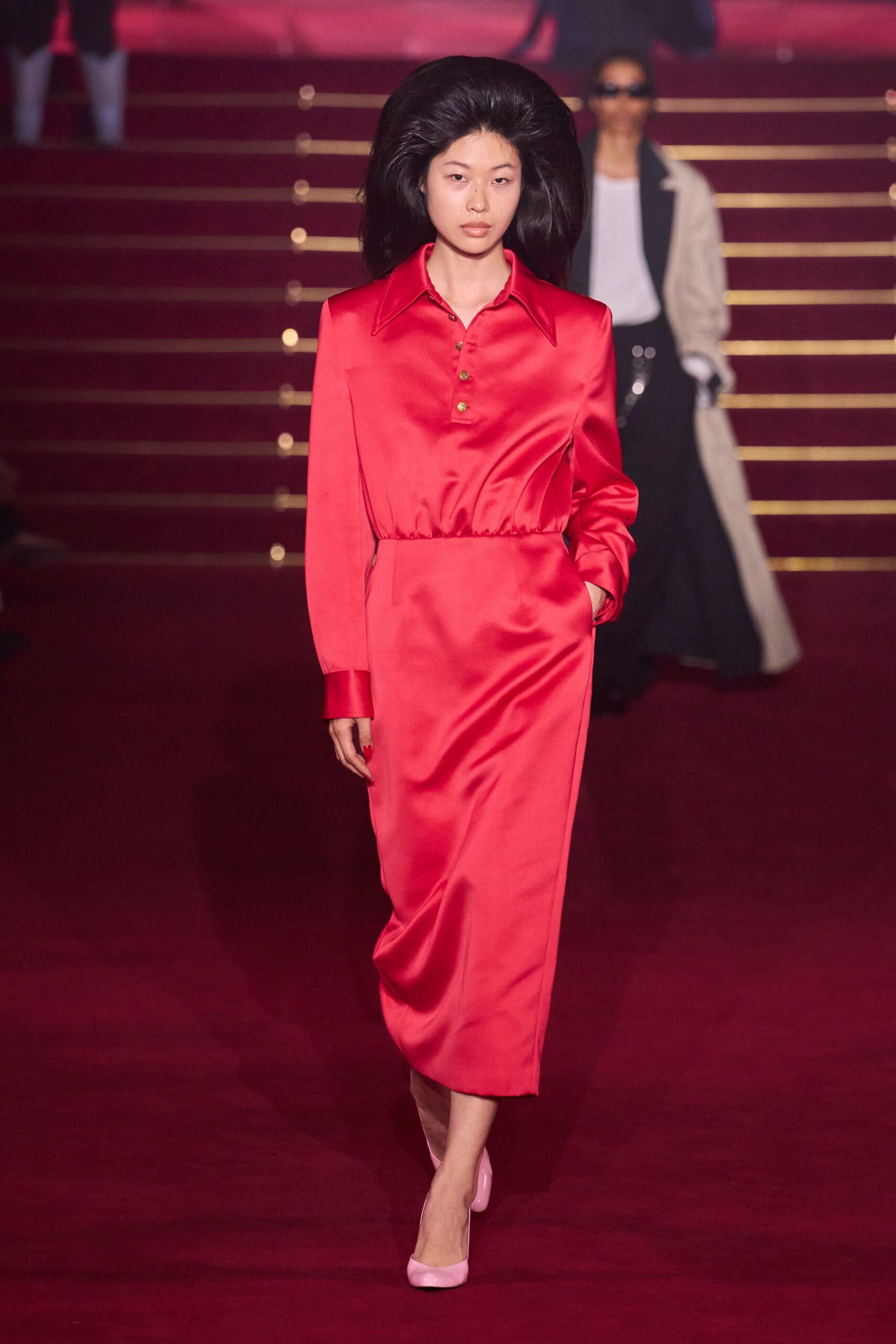 red satin long-sleeve collared fitted buttoned pockets dress