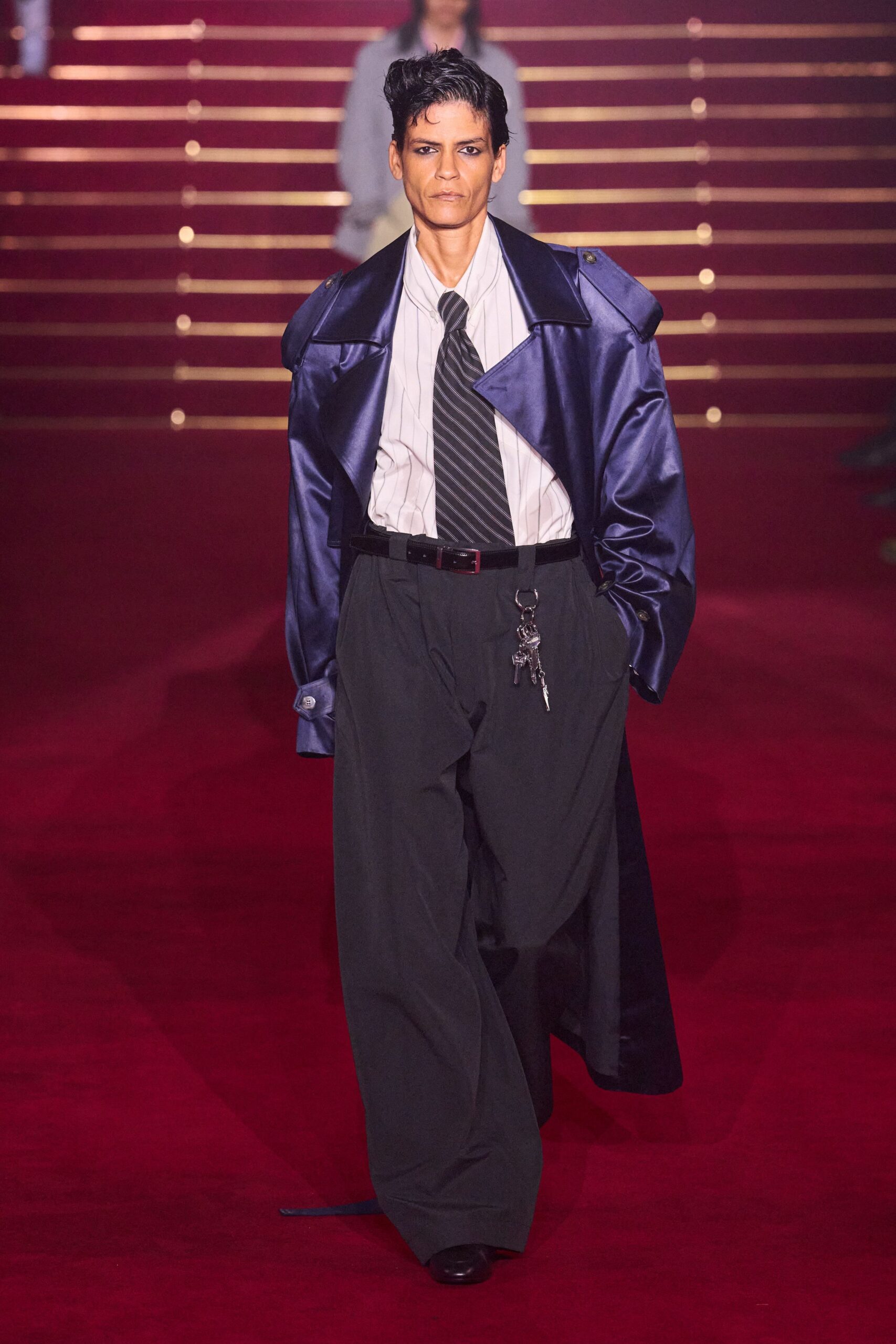 blue silk long-sleeve collared oversized buttoned coat