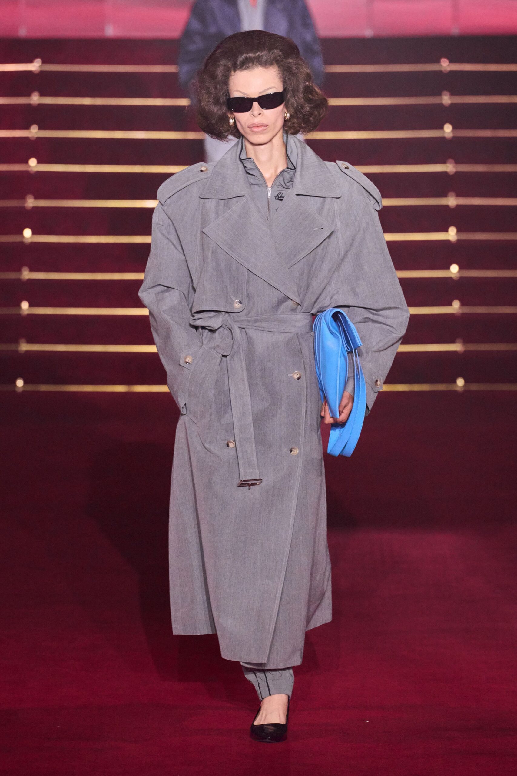 gray cotton long-sleeve collared relaxed belted trench