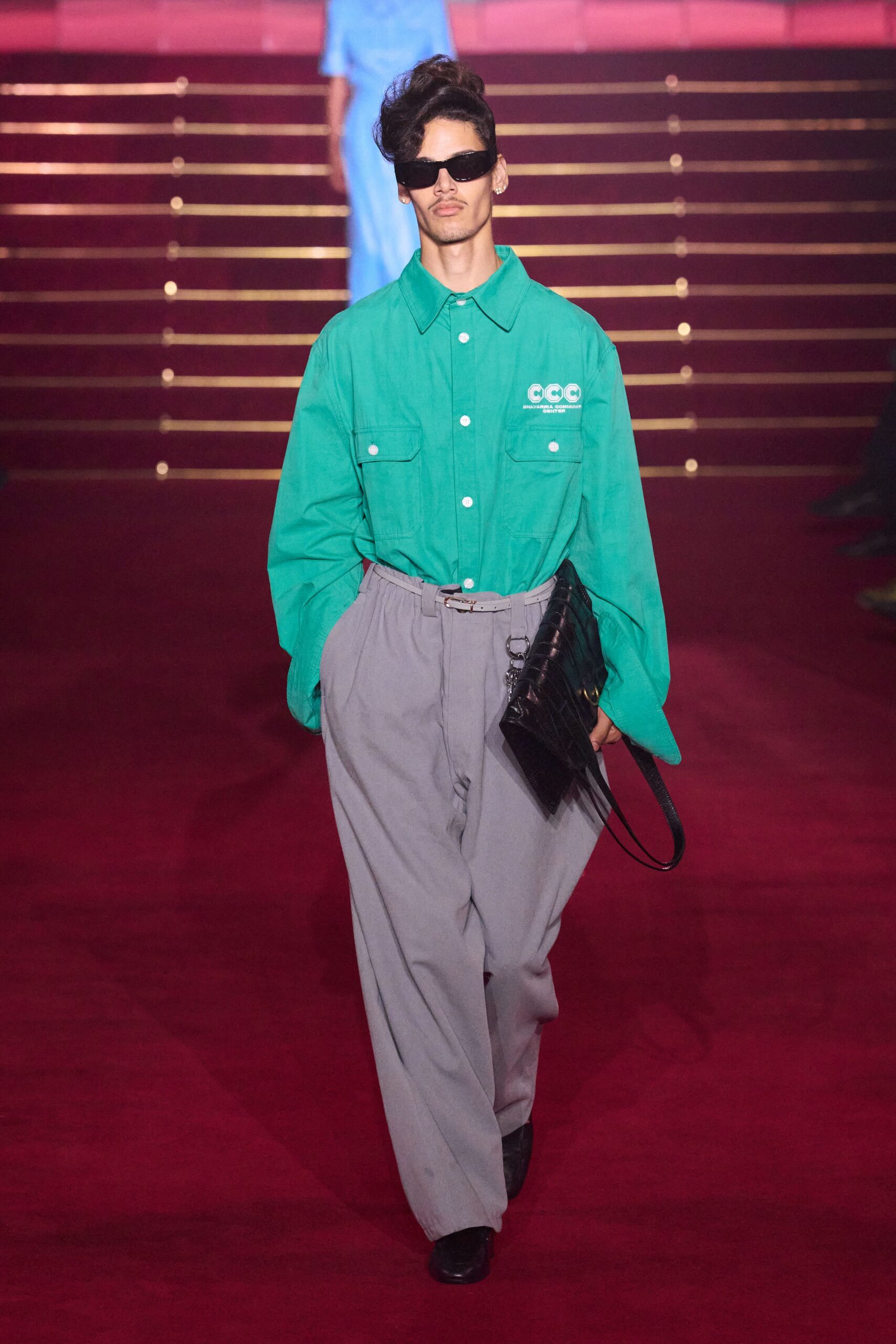 green long-sleeve collared oversized shirt