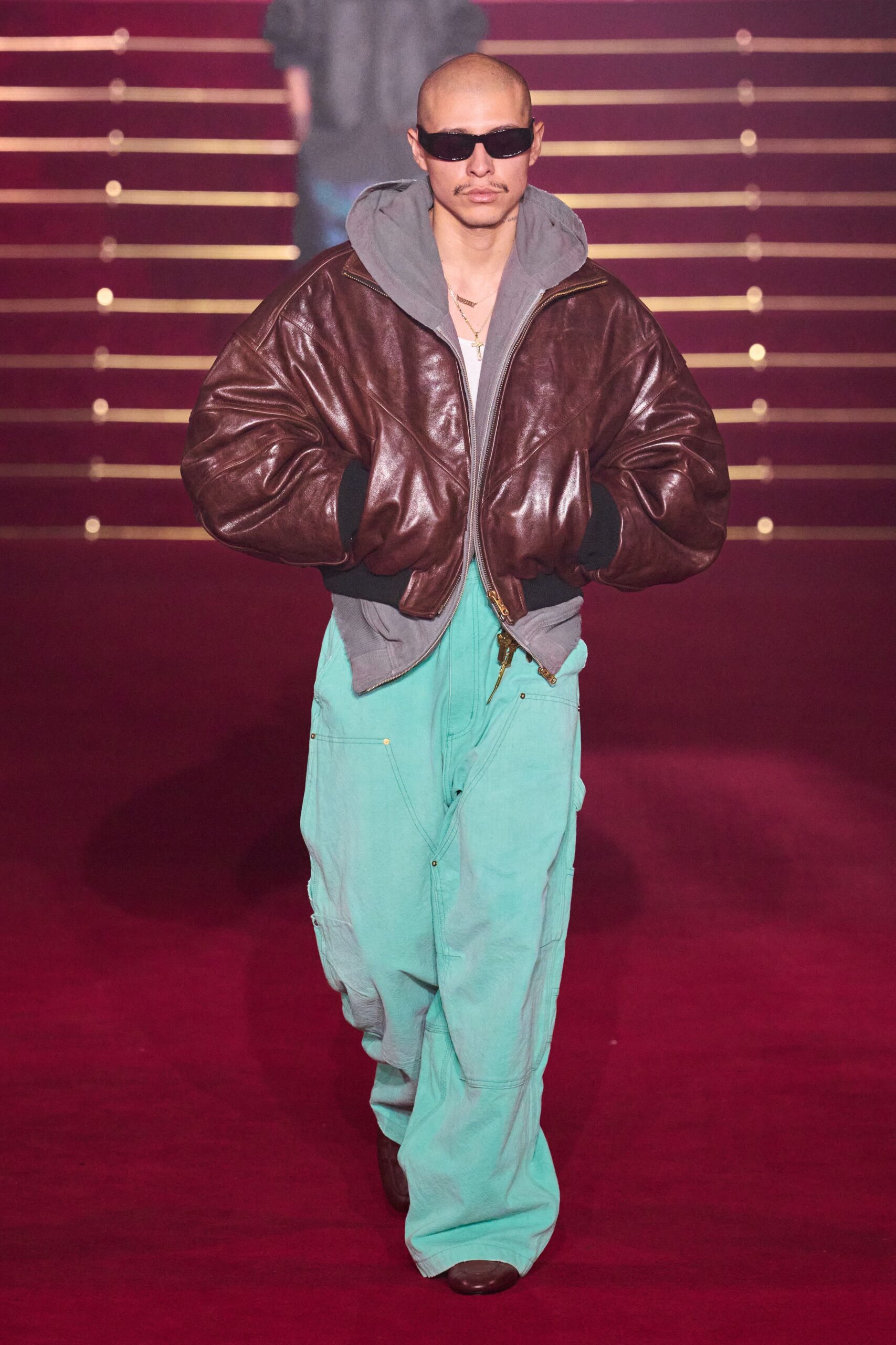 brown leather long-sleeve collared relaxed jacket