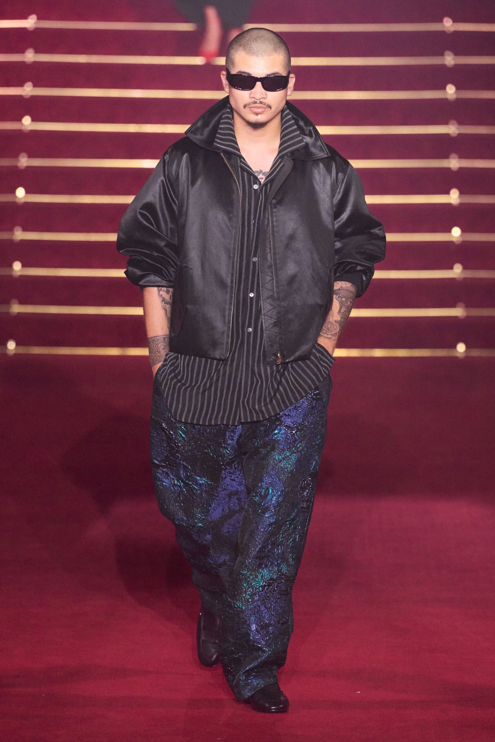 blue silk relaxed flared shiny pants