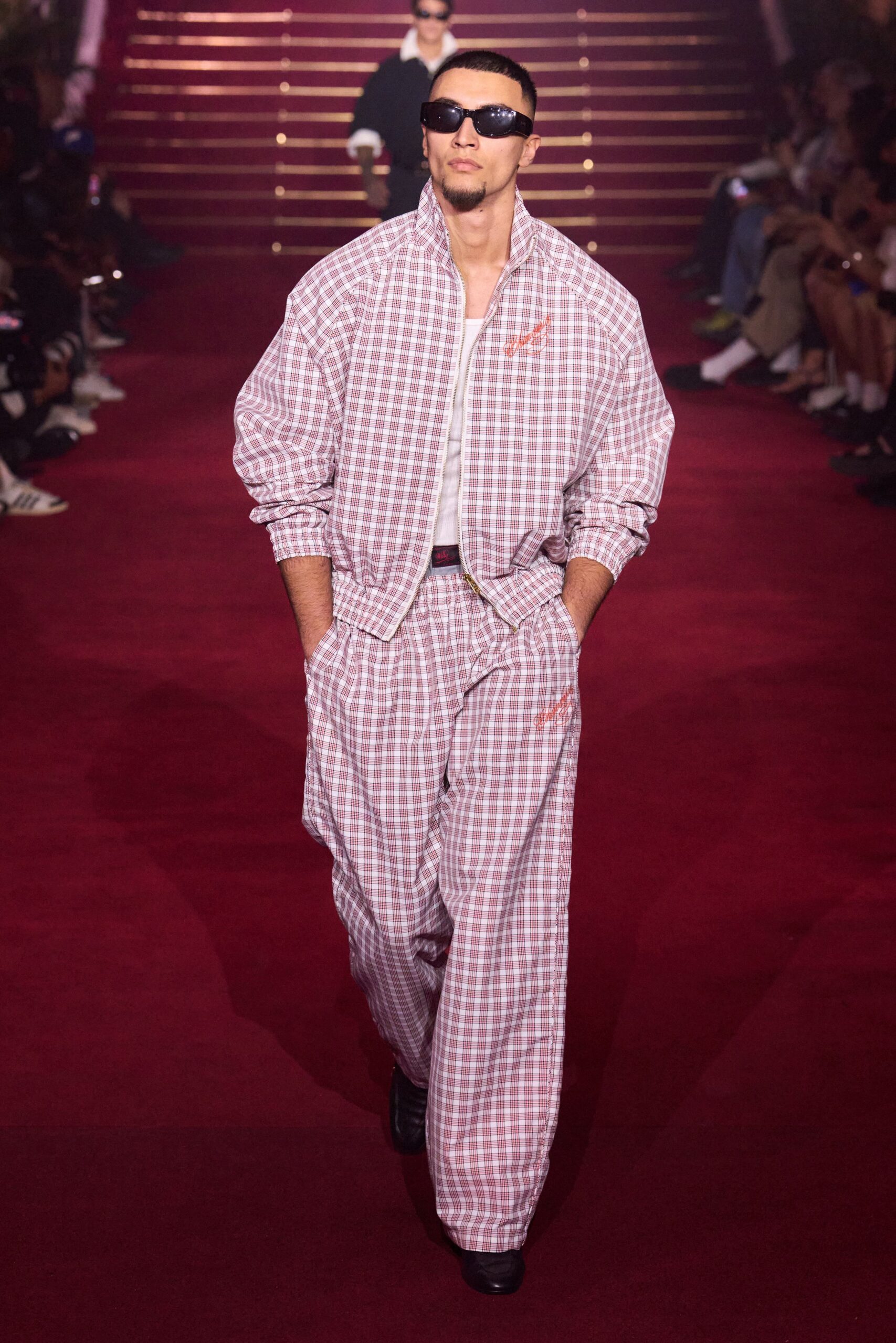 red cotton long-sleeve collared relaxed checked jacket