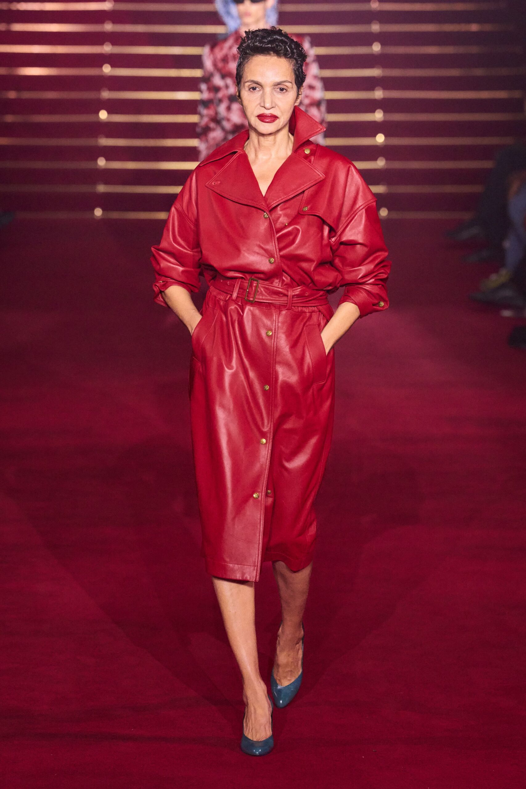 red leather long-sleeve collared relaxed buttoned midi coat