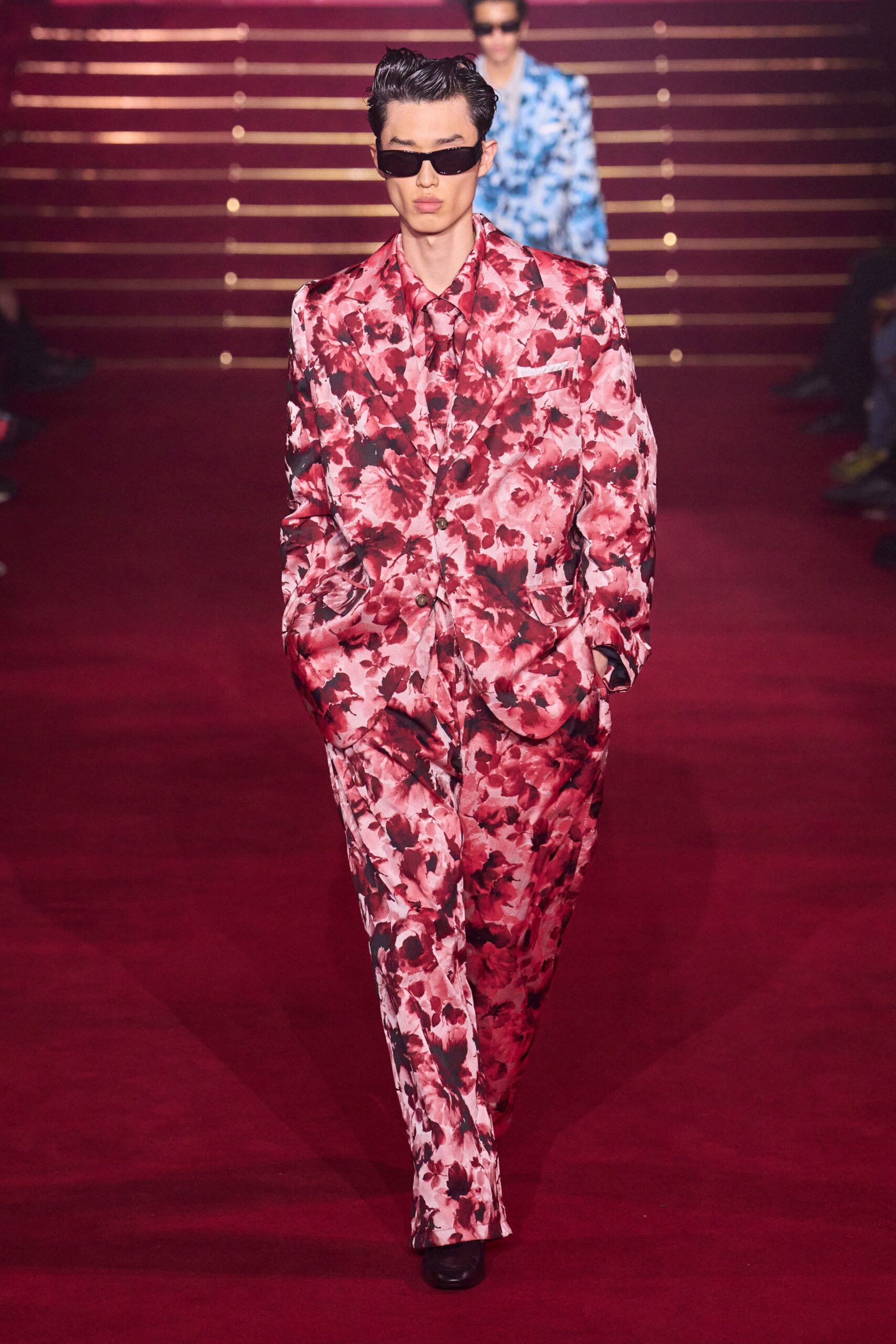 red tailored floral suit
