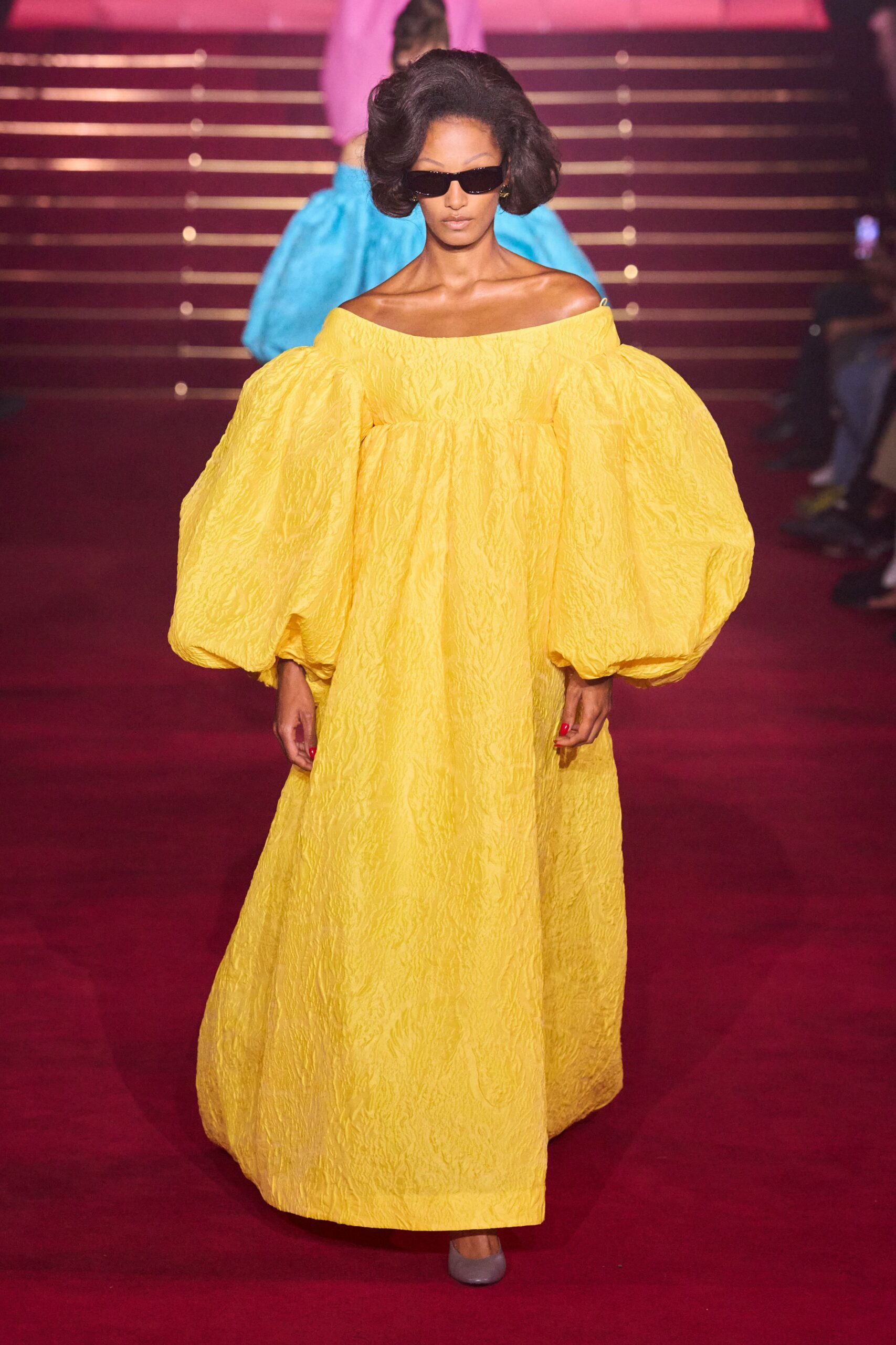 yellow cotton long-sleeve off-shoulder relaxed pleated maxi gown