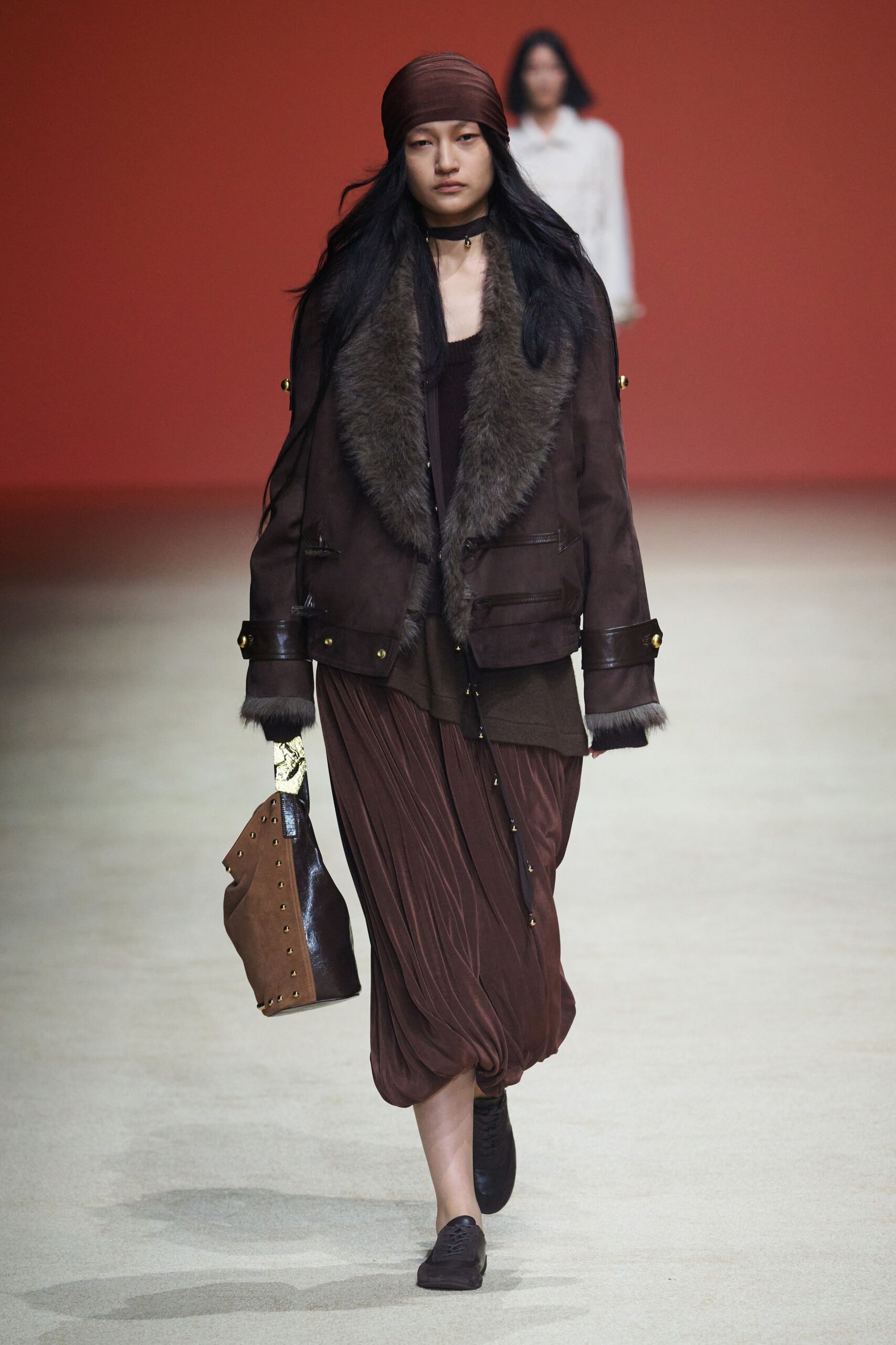 brown leather long-sleeve relaxed buttoned jacket