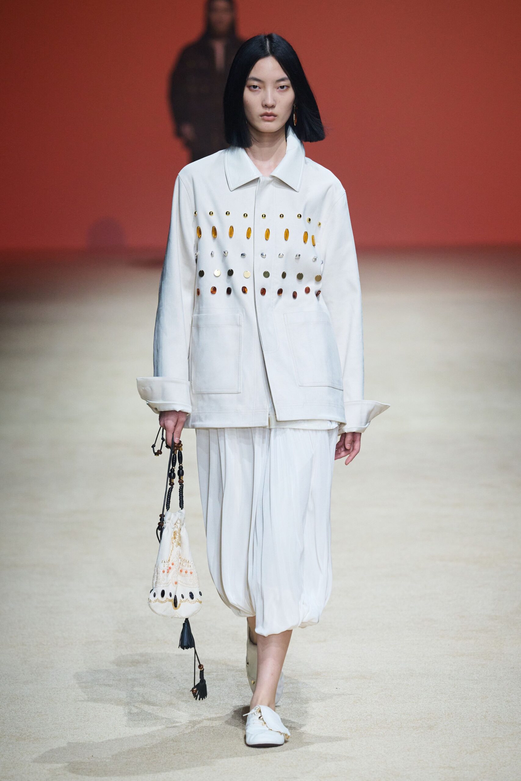 white cotton long-sleeve collared relaxed buttoned embroidered jacket