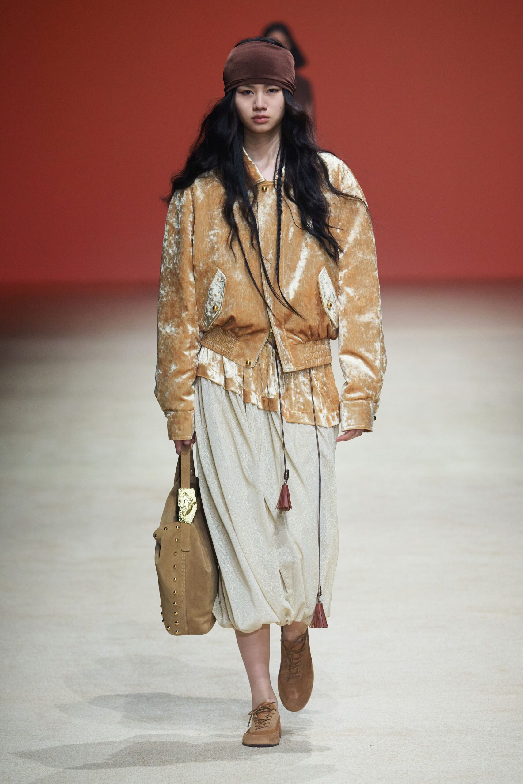 gold velvet long-sleeve collared relaxed zippered shiny jacket
