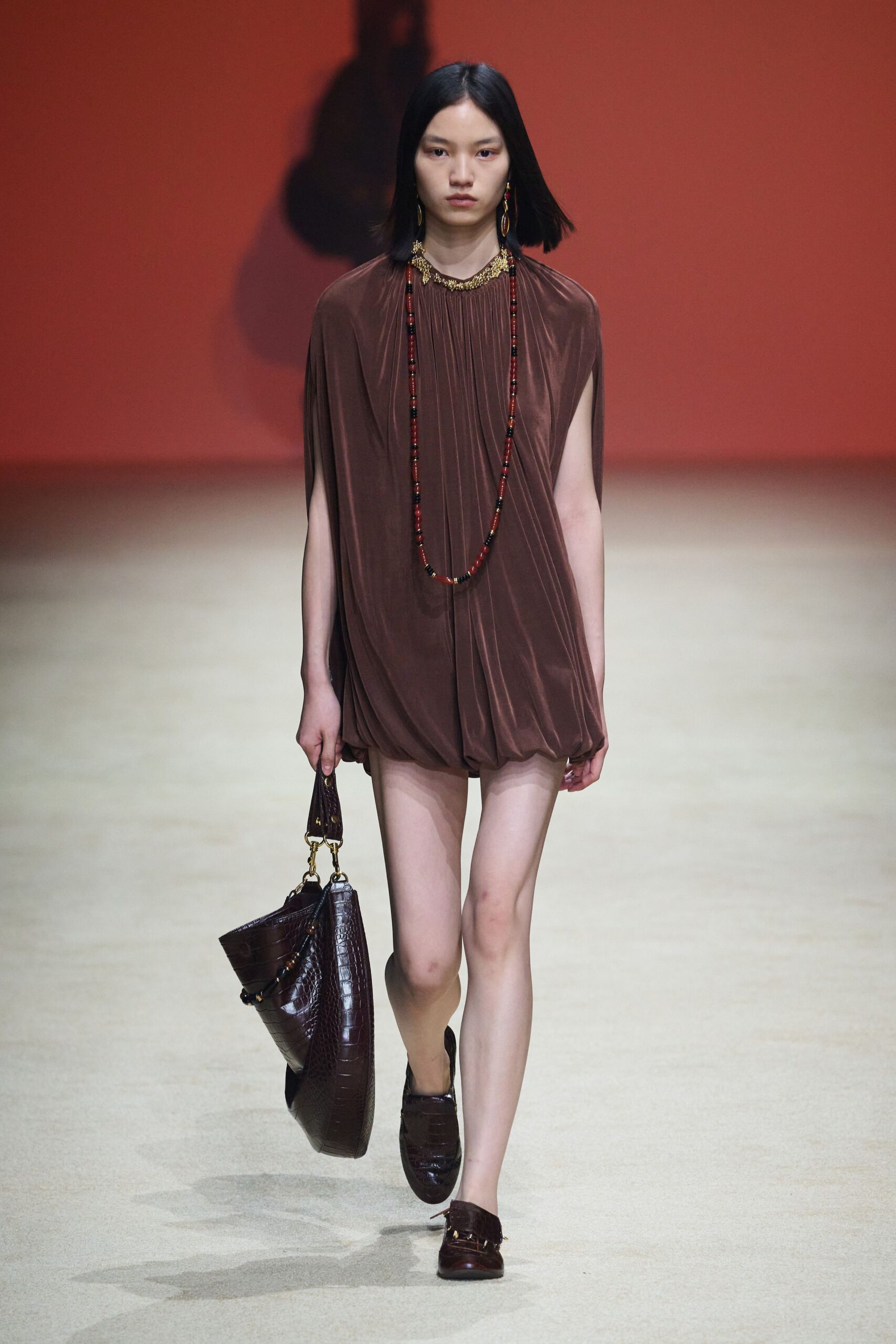 brown silk sleeveless relaxed draped flowing mini dress