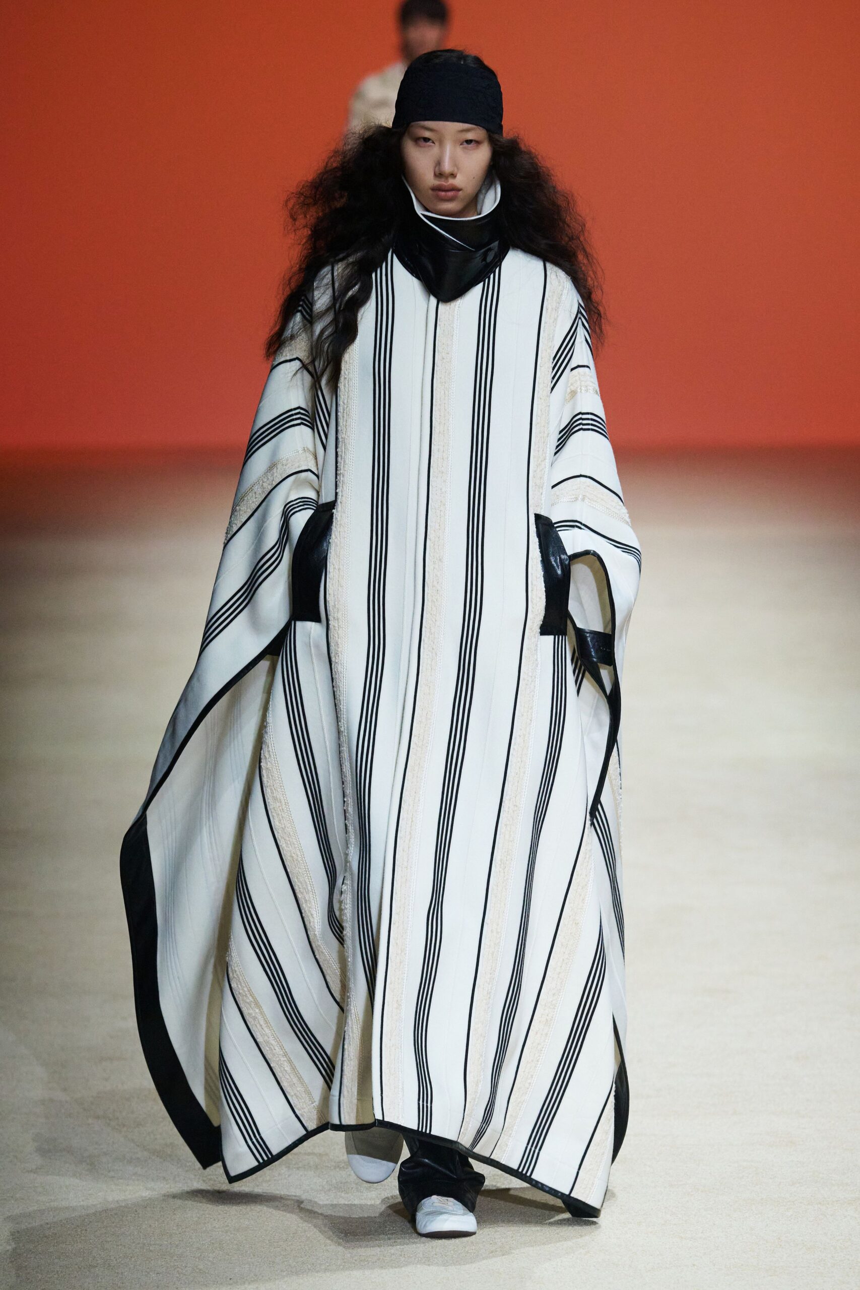 white cotton long-sleeve collared relaxed striped poncho