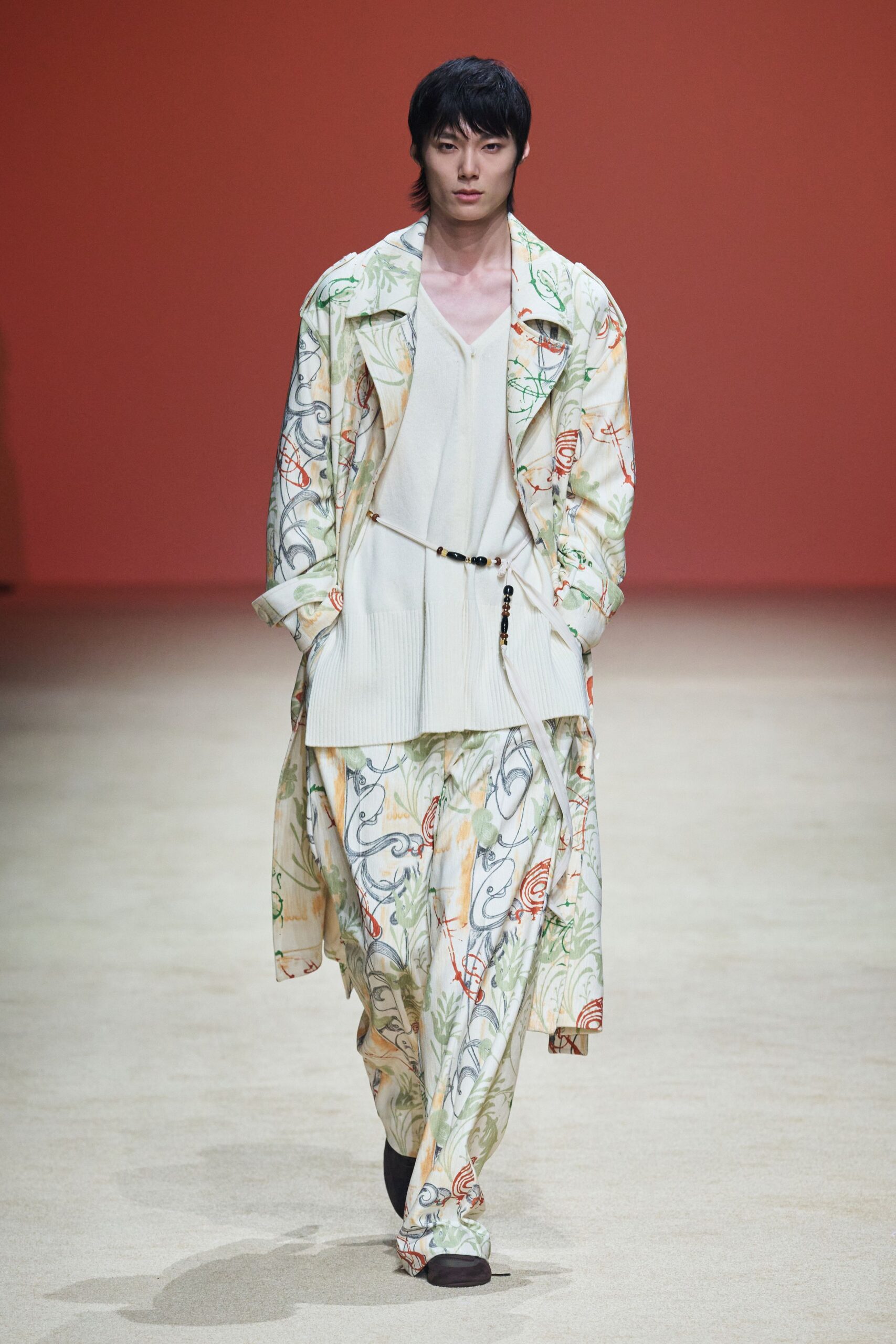 multi cotton long-sleeve collared relaxed floral layered coat