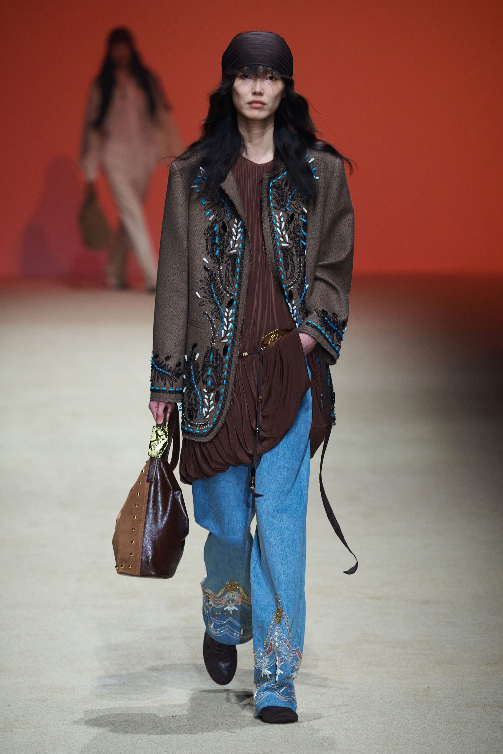 blue denim relaxed embroidered pants