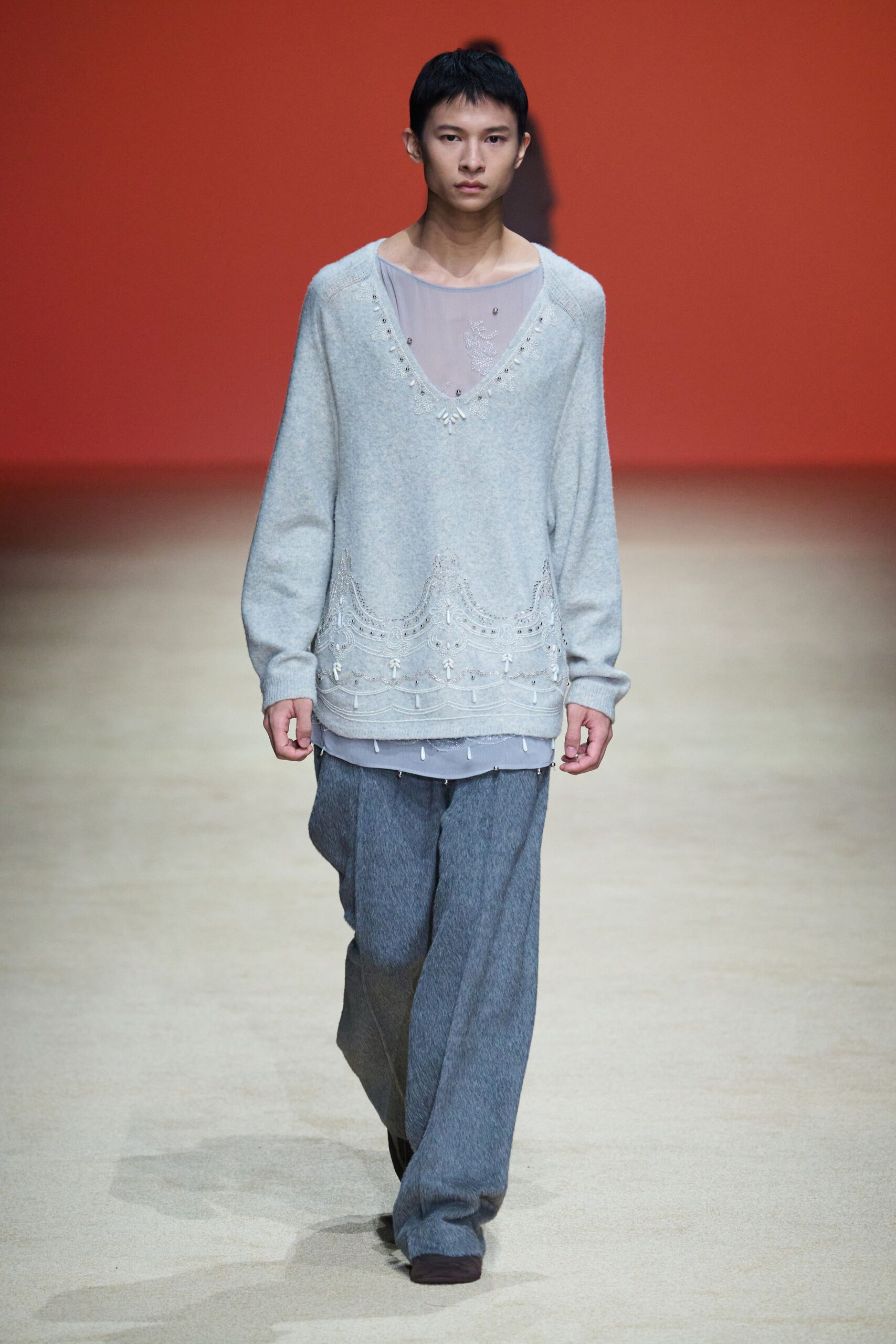 gray wool long-sleeve v-neck oversized embroidered sweater